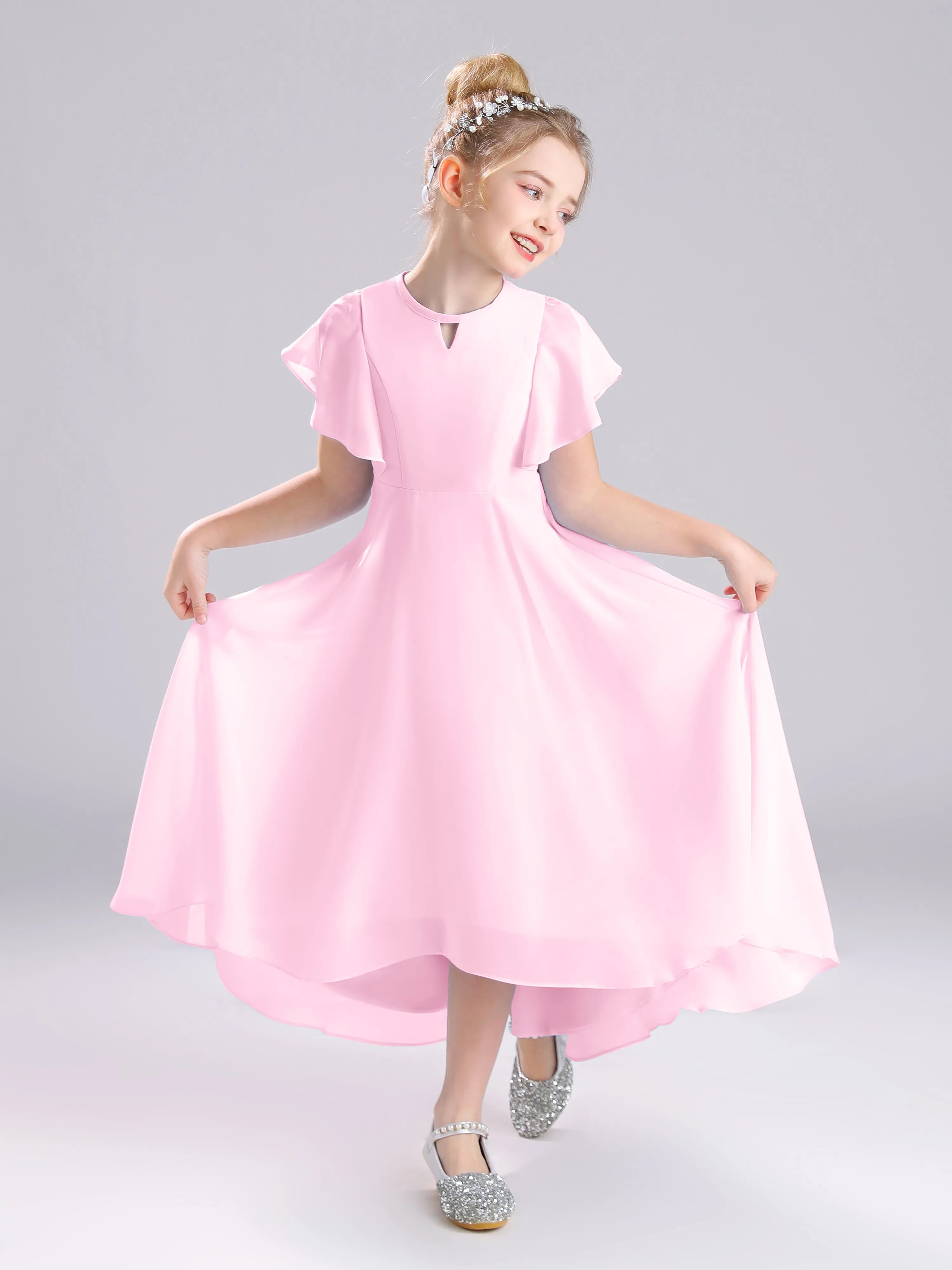 Ruffles Sleeves A-Line Long Chiffon Junior Bridesmaid Dresses