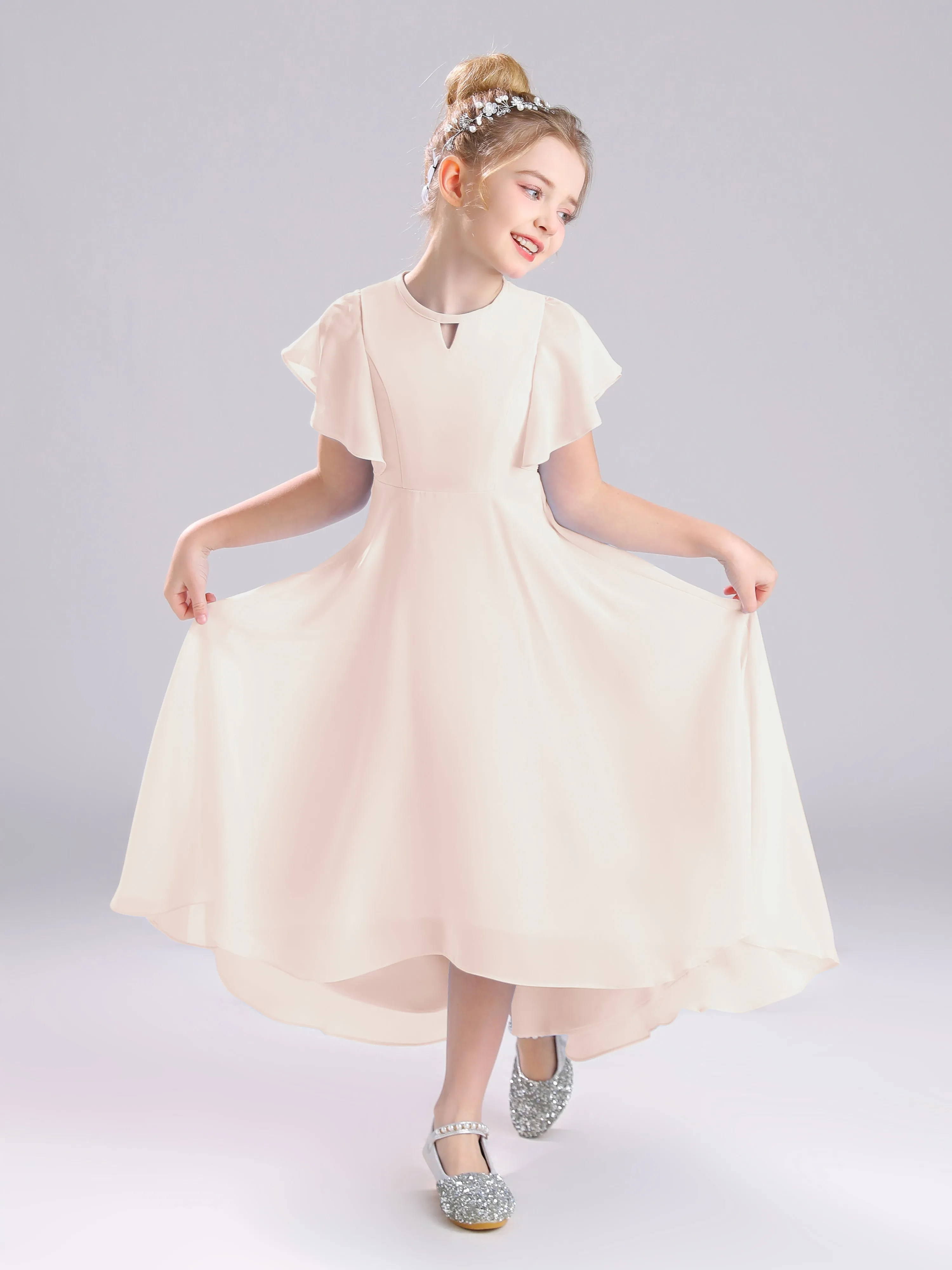 Ruffles Sleeves A-Line Long Chiffon Junior Bridesmaid Dresses