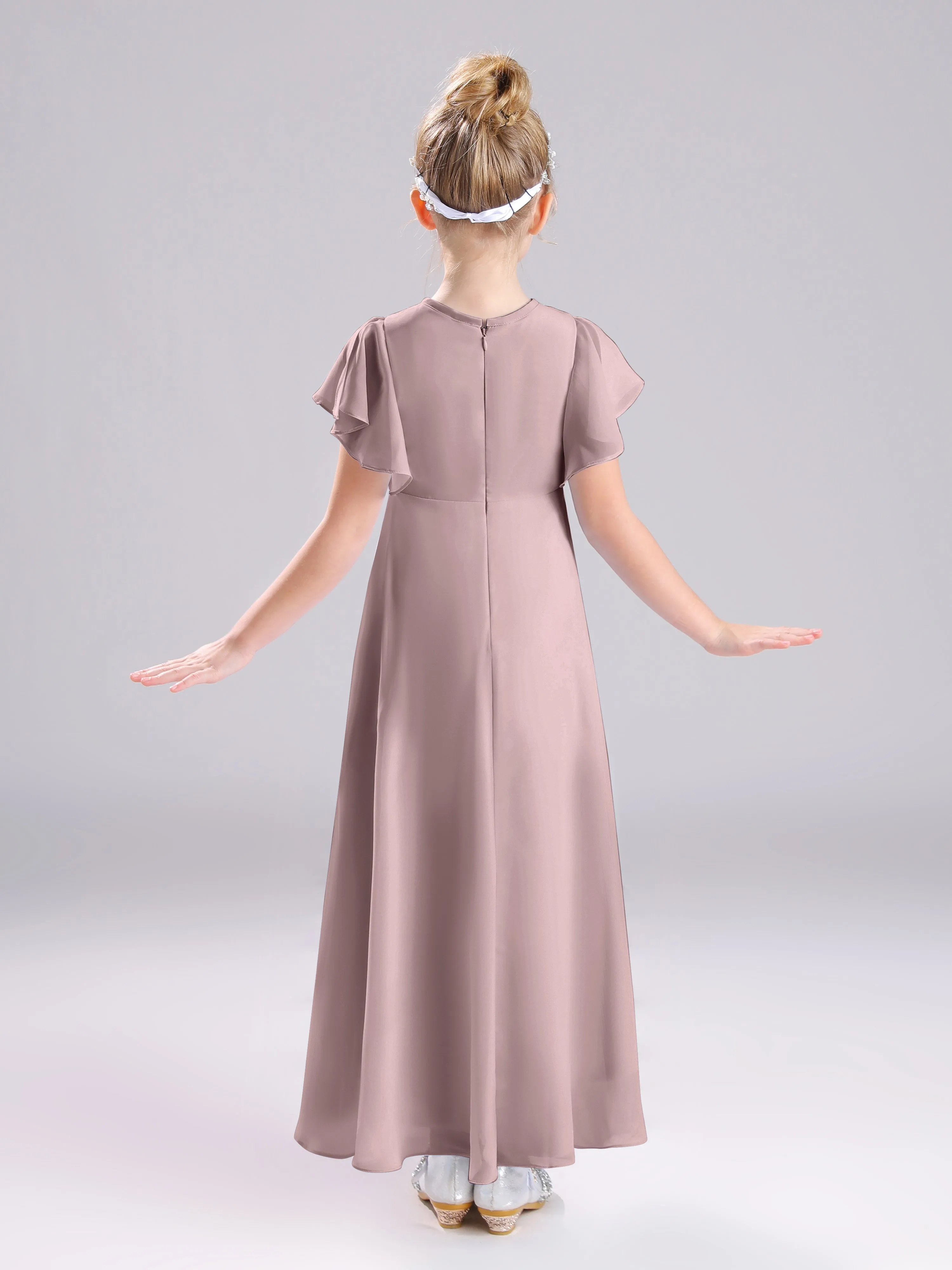 Ruffles Sleeves A-Line Long Chiffon Junior Bridesmaid Dresses