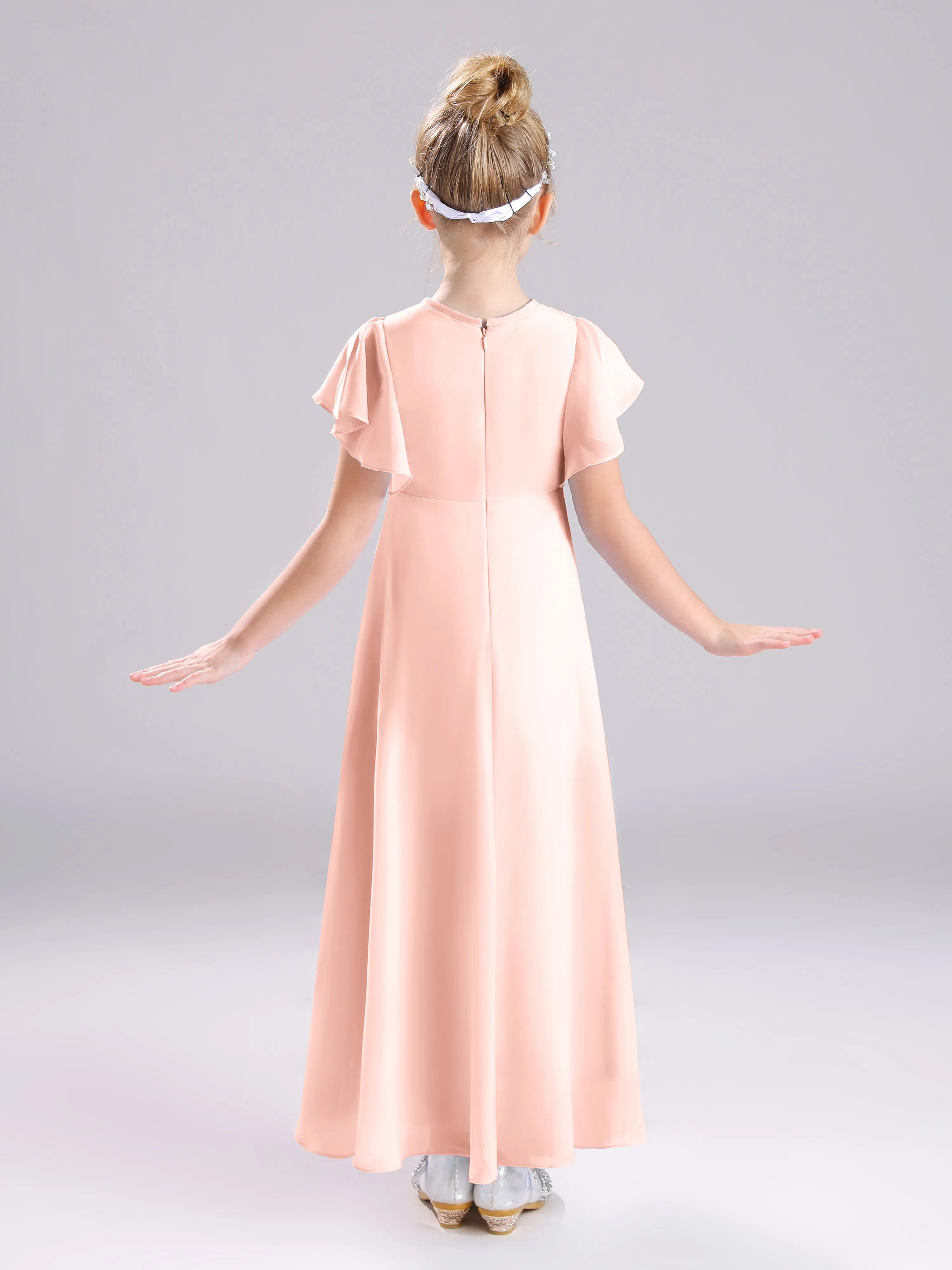 Ruffles Sleeves A-Line Long Chiffon Junior Bridesmaid Dresses