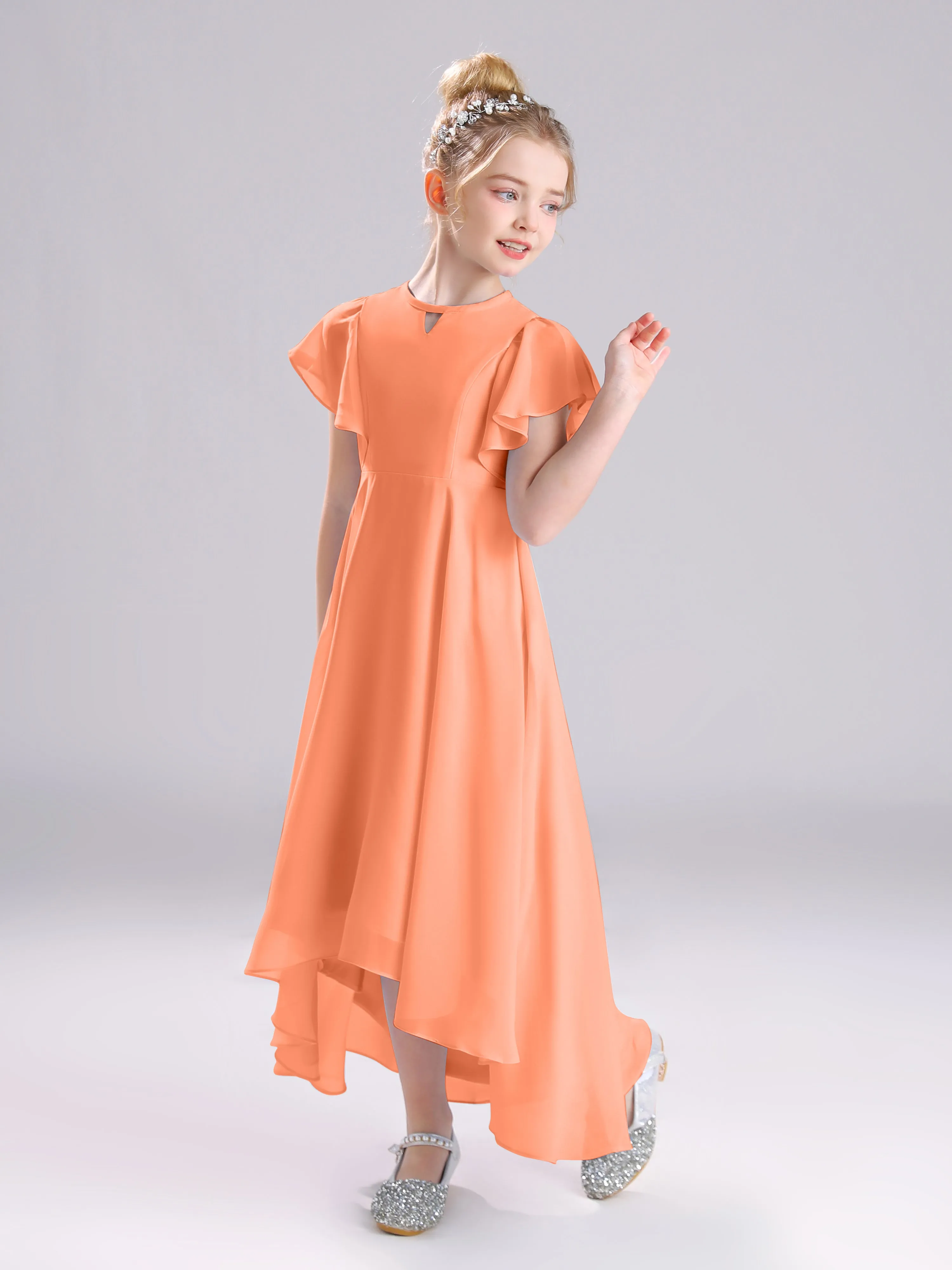 Ruffles Sleeves A-Line Long Chiffon Junior Bridesmaid Dresses