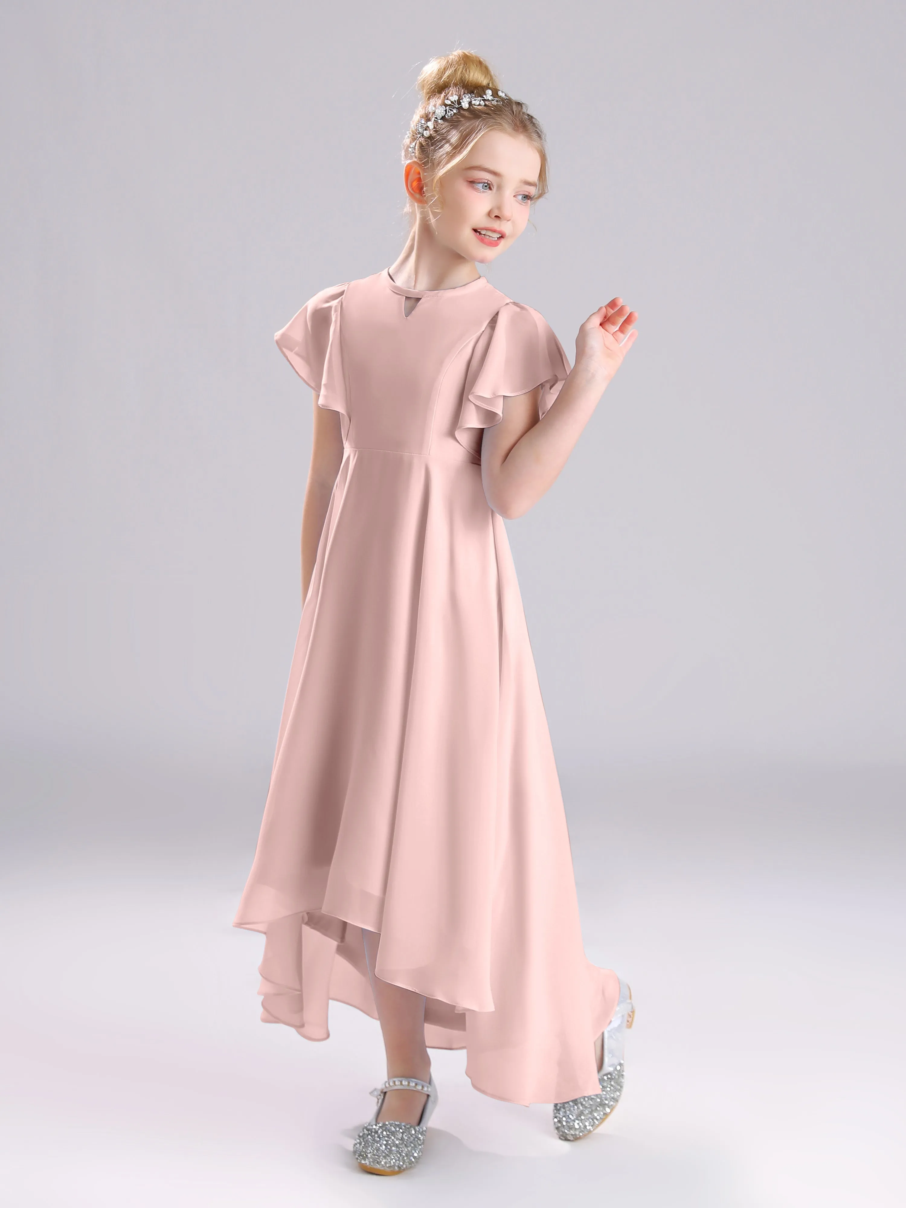Ruffles Sleeves A-Line Long Chiffon Junior Bridesmaid Dresses
