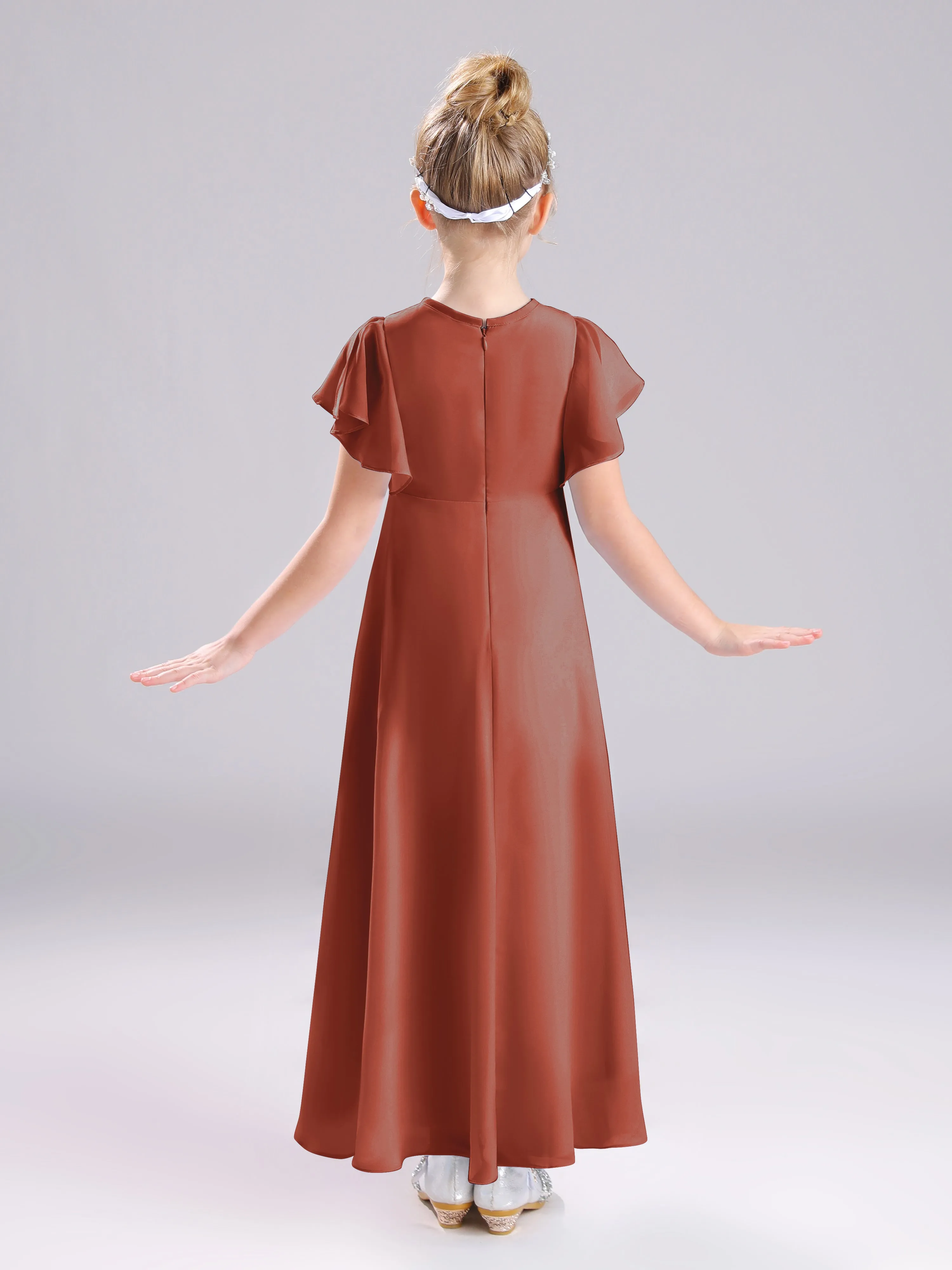 Ruffles Sleeves A-Line Long Chiffon Junior Bridesmaid Dresses