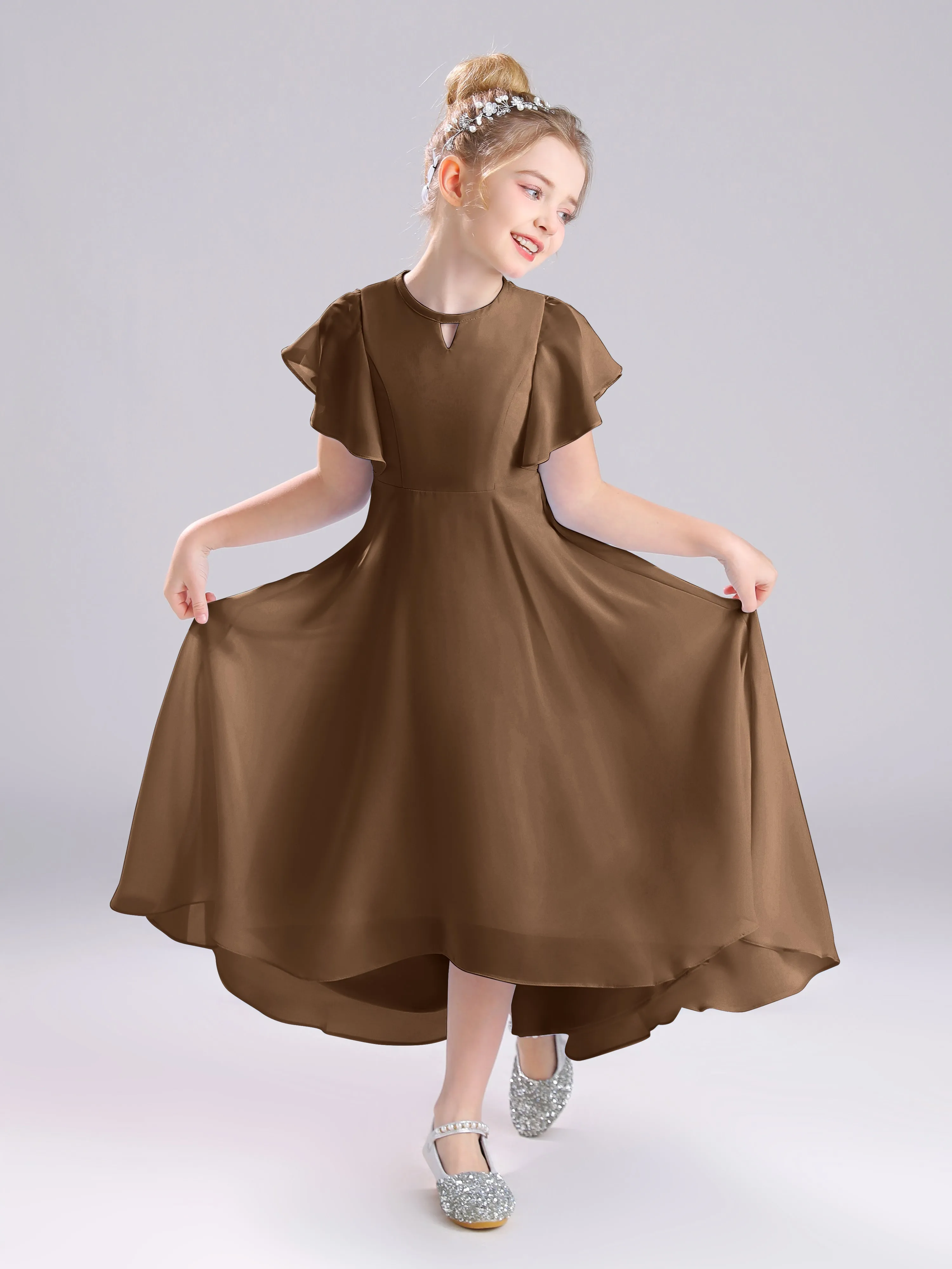 Ruffles Sleeves A-Line Long Chiffon Junior Bridesmaid Dresses