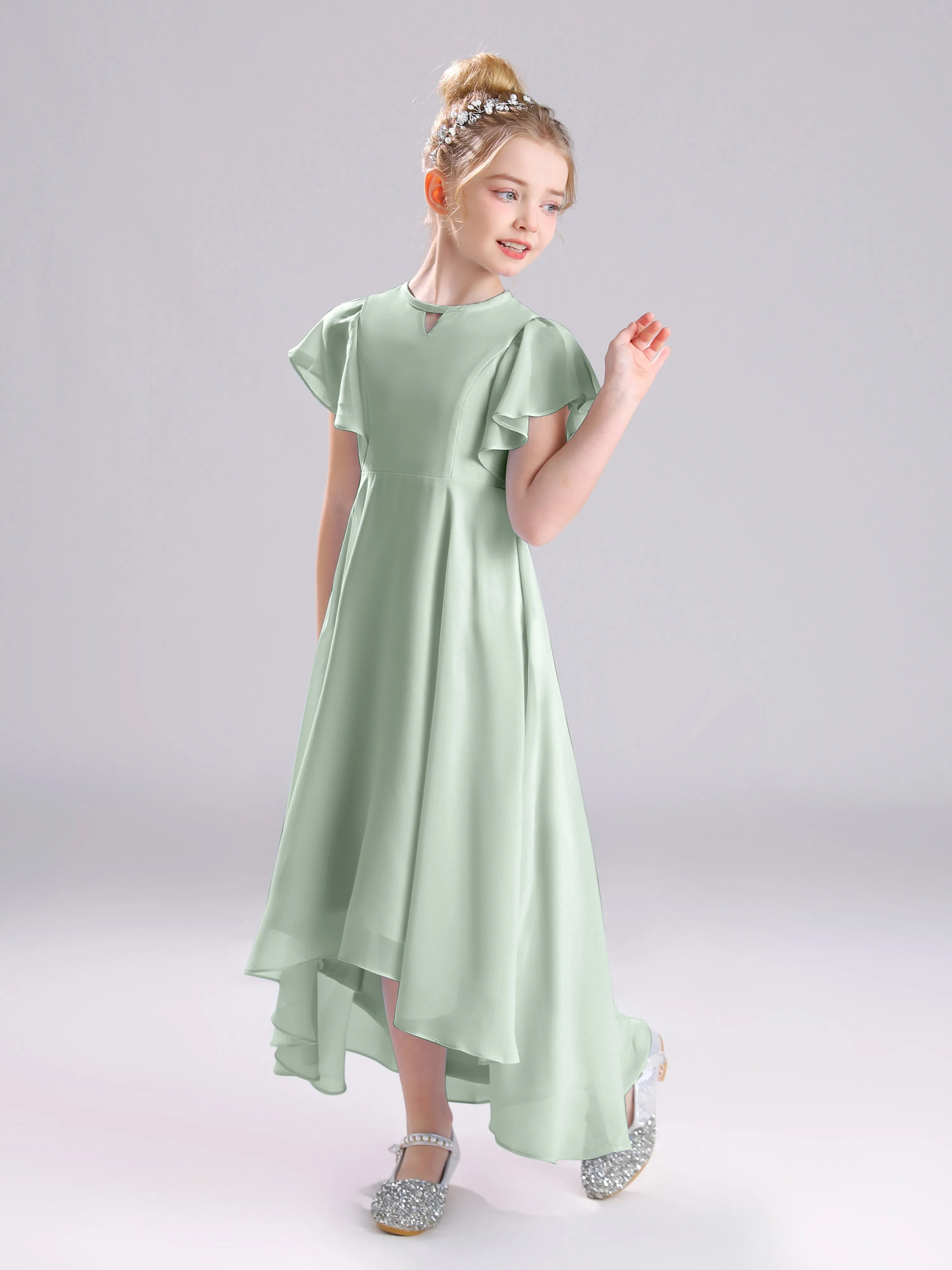 Ruffles Sleeves A-Line Long Chiffon Junior Bridesmaid Dresses
