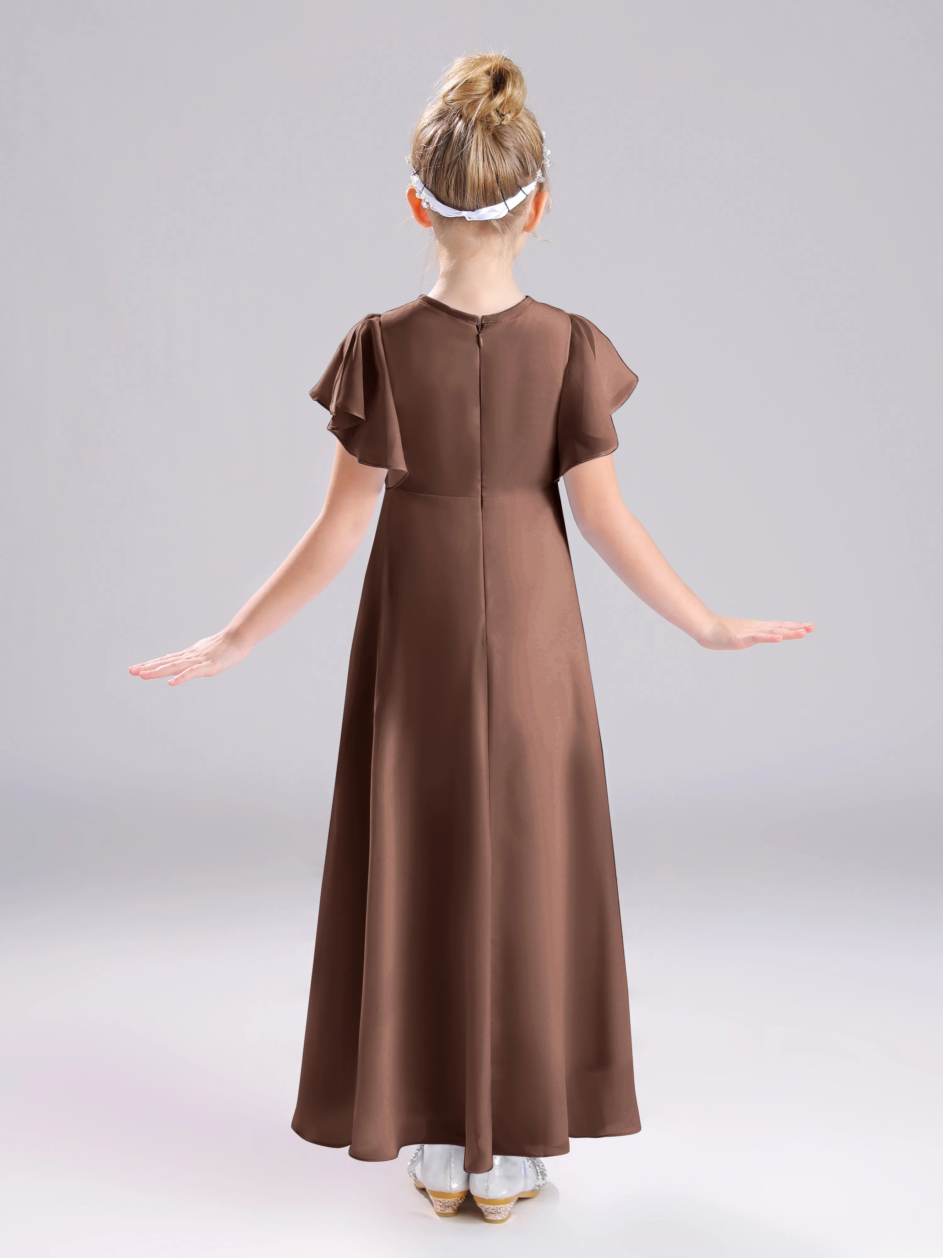 Ruffles Sleeves A-Line Long Chiffon Junior Bridesmaid Dresses