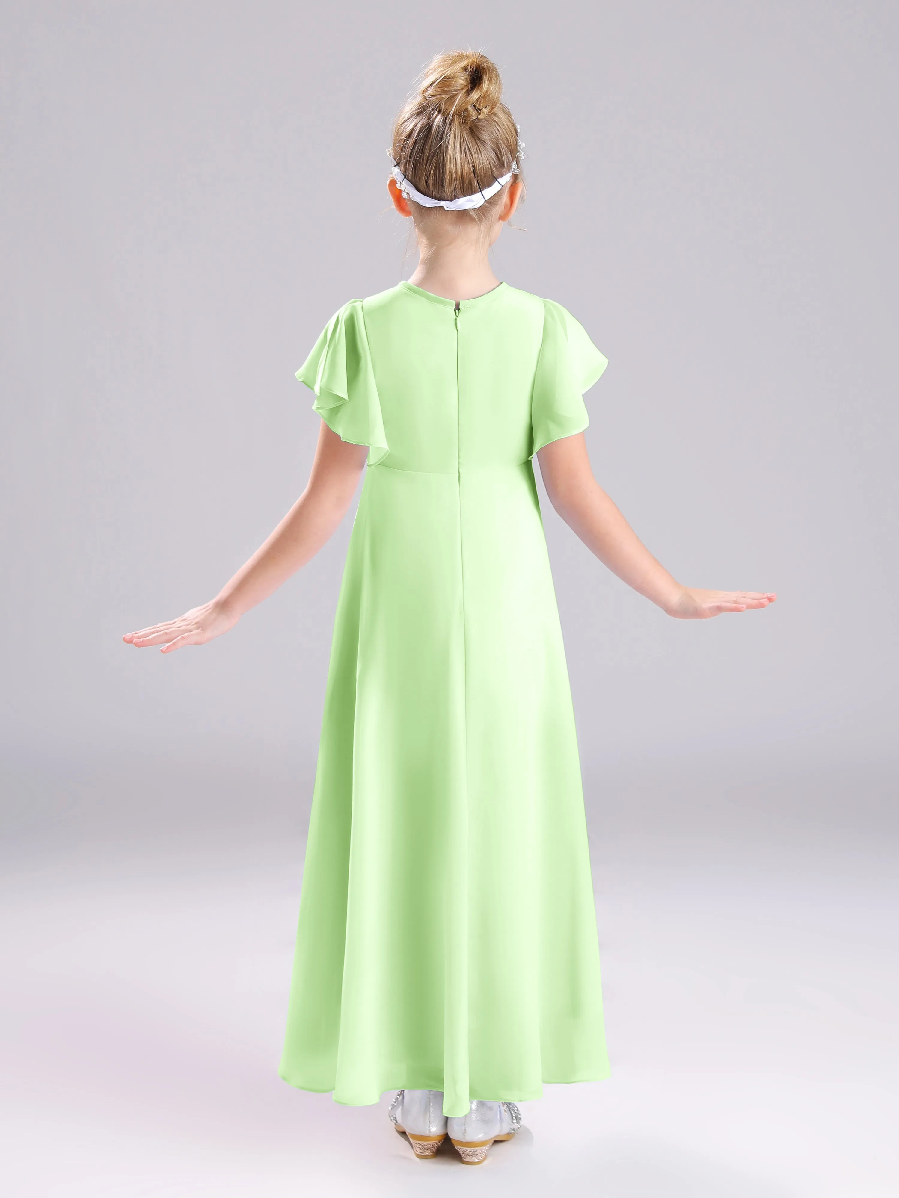 Ruffles Sleeves A-Line Long Chiffon Junior Bridesmaid Dresses