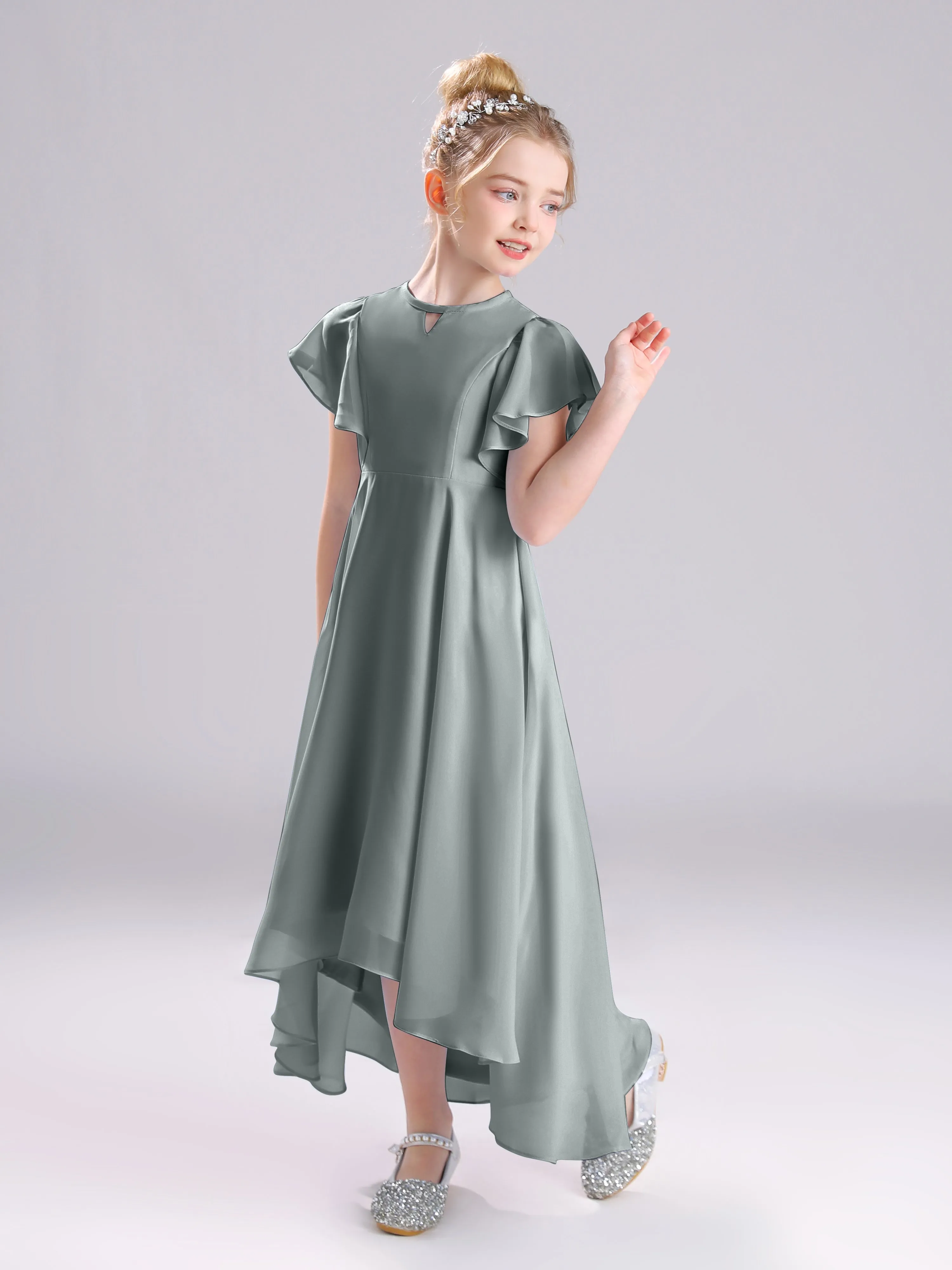 Ruffles Sleeves A-Line Long Chiffon Junior Bridesmaid Dresses