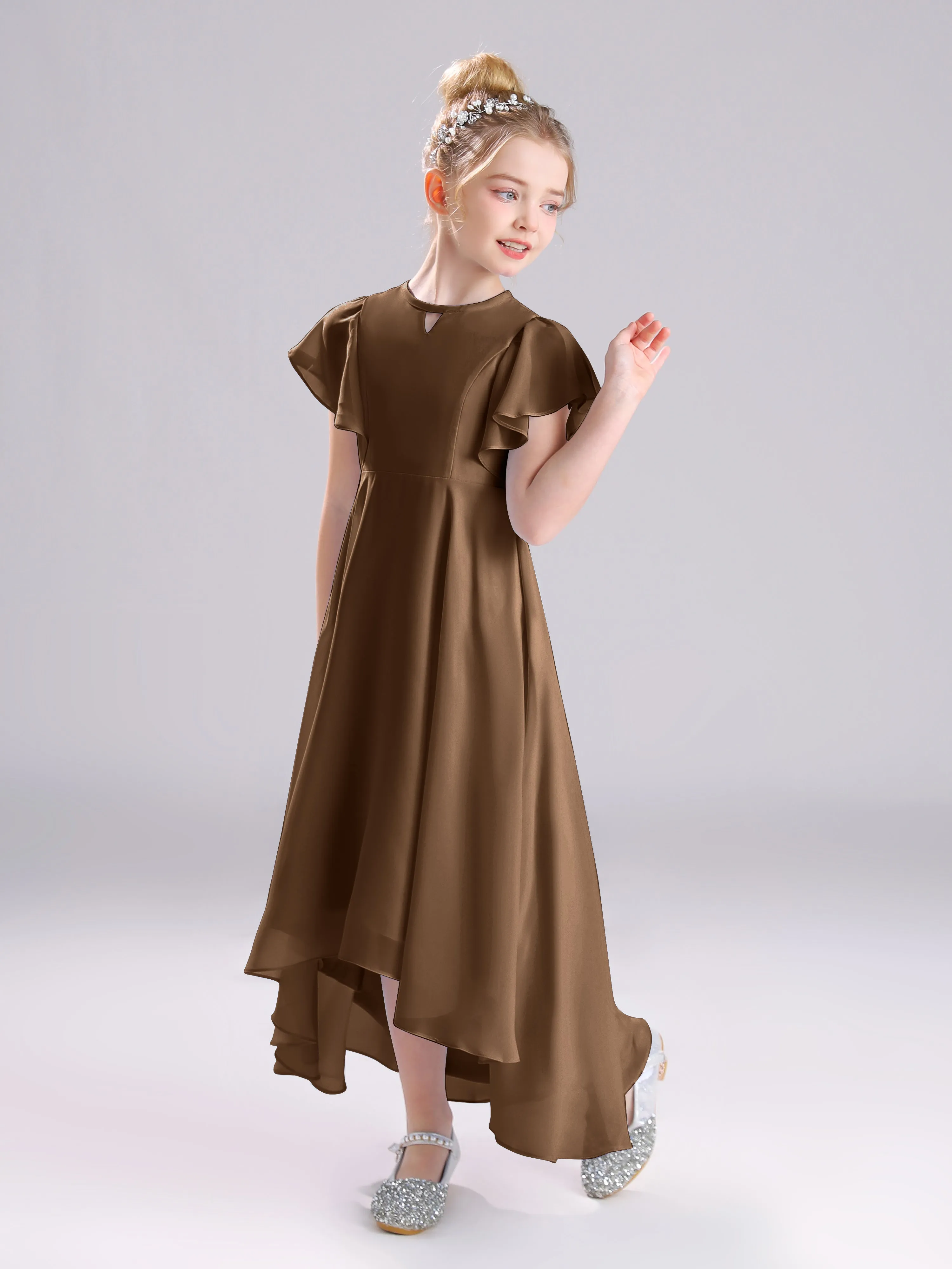 Ruffles Sleeves A-Line Long Chiffon Junior Bridesmaid Dresses