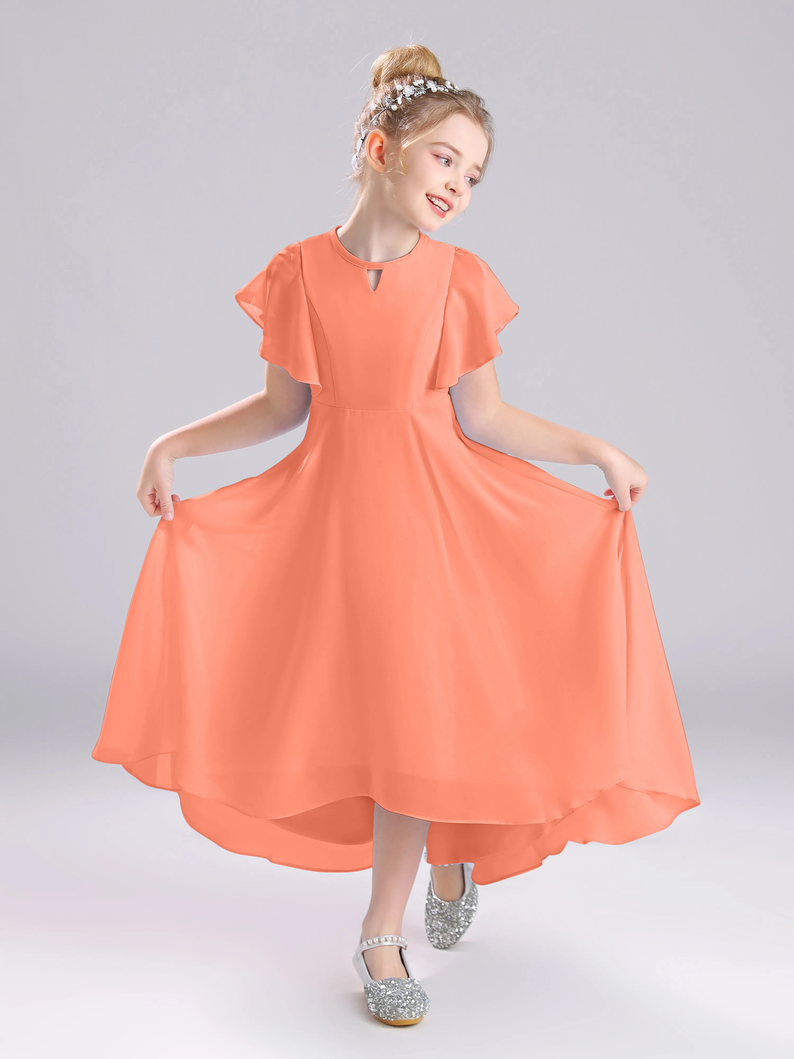 Ruffles Sleeves A-Line Long Chiffon Junior Bridesmaid Dresses