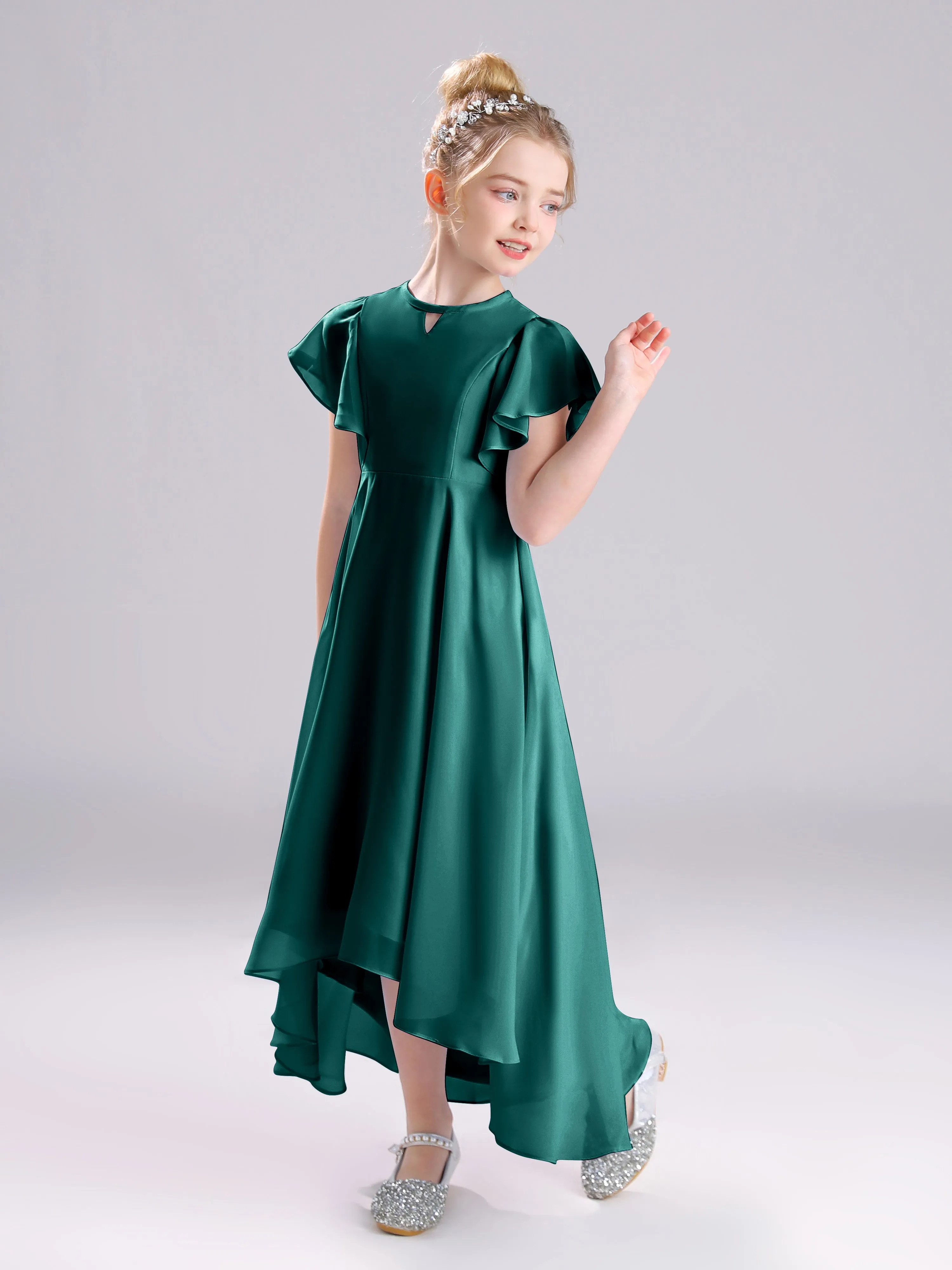 Ruffles Sleeves A-Line Long Chiffon Junior Bridesmaid Dresses