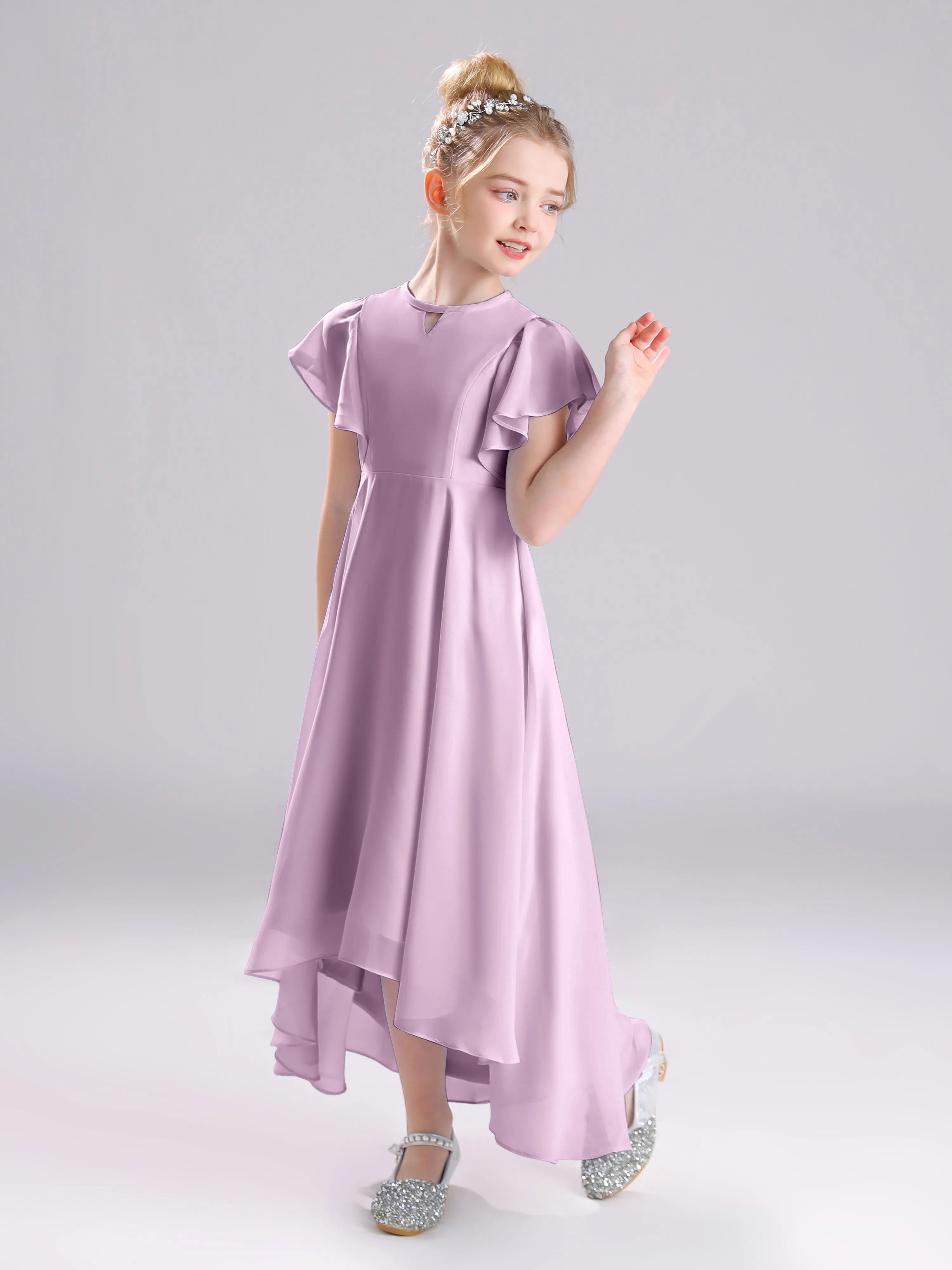 Ruffles Sleeves A-Line Long Chiffon Junior Bridesmaid Dresses