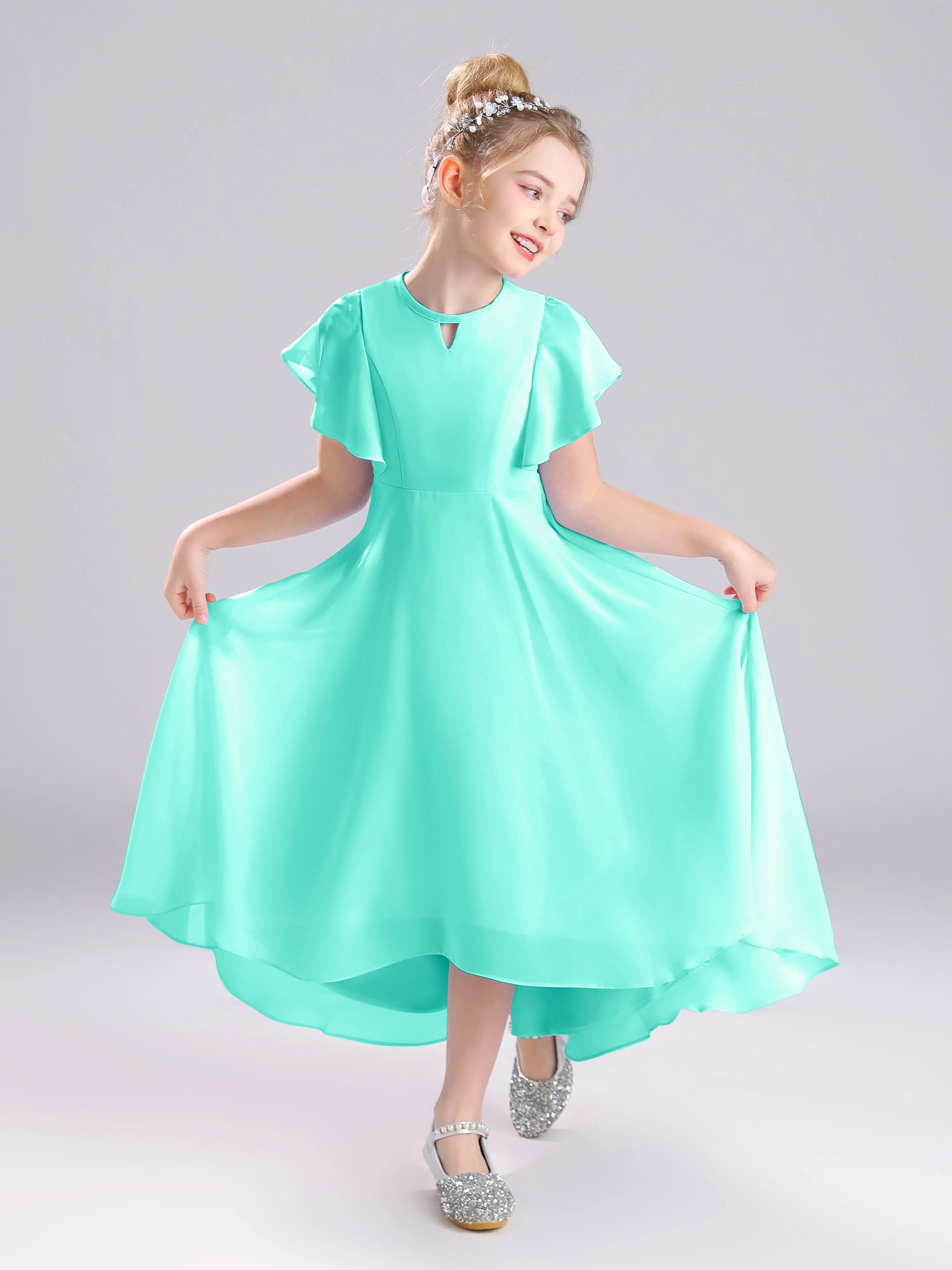 Ruffles Sleeves A-Line Long Chiffon Junior Bridesmaid Dresses