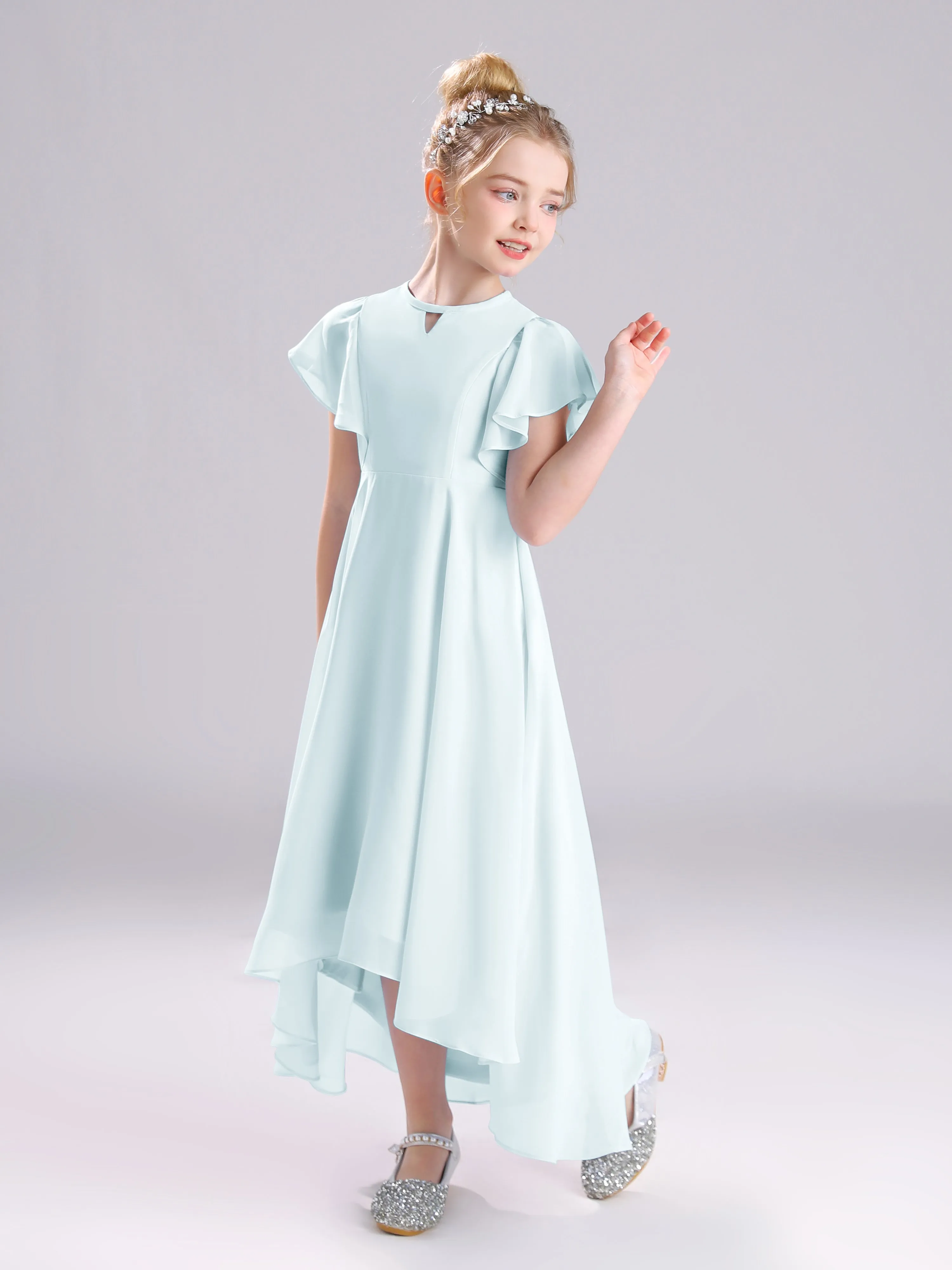 Ruffles Sleeves A-Line Long Chiffon Junior Bridesmaid Dresses