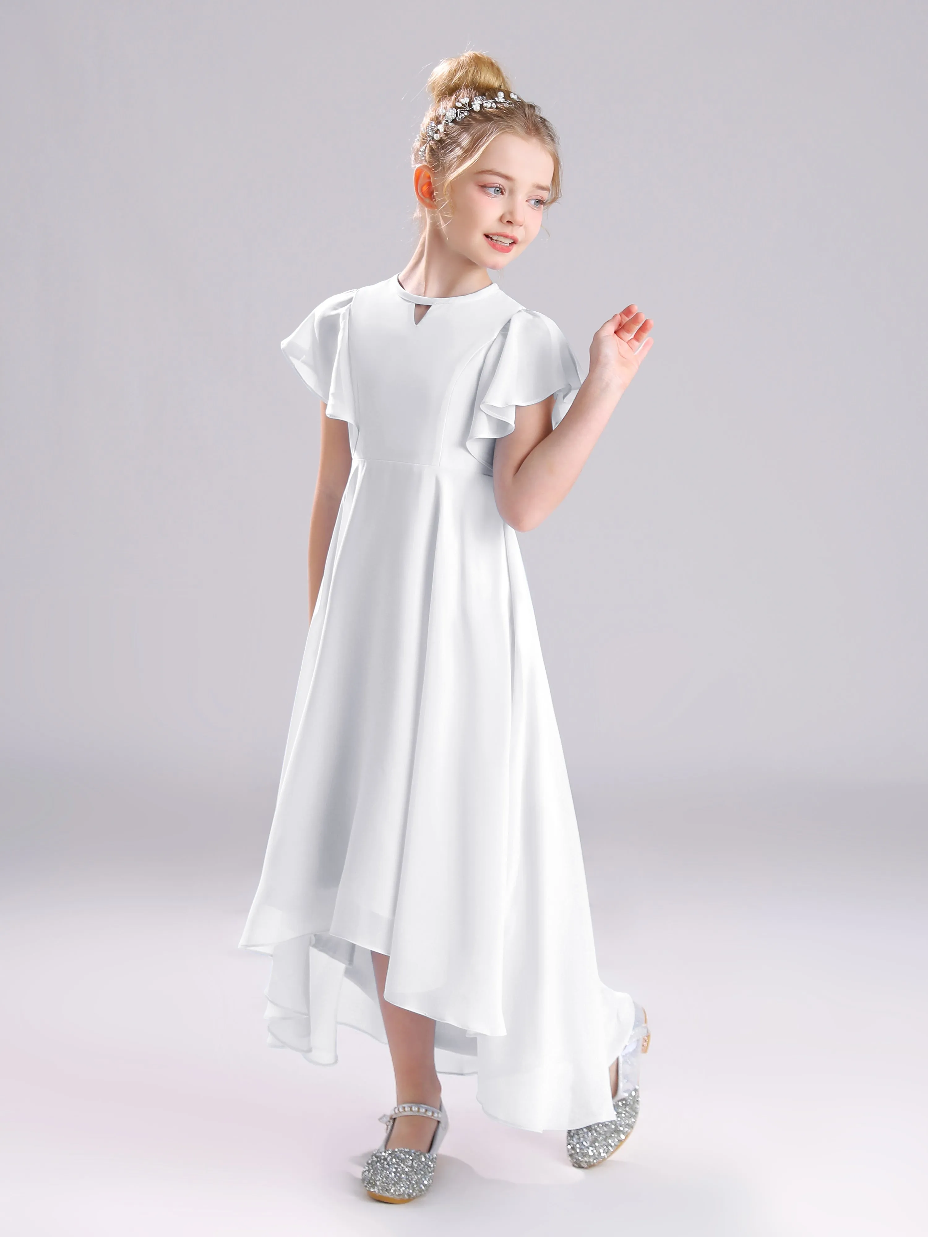 Ruffles Sleeves A-Line Long Chiffon Junior Bridesmaid Dresses