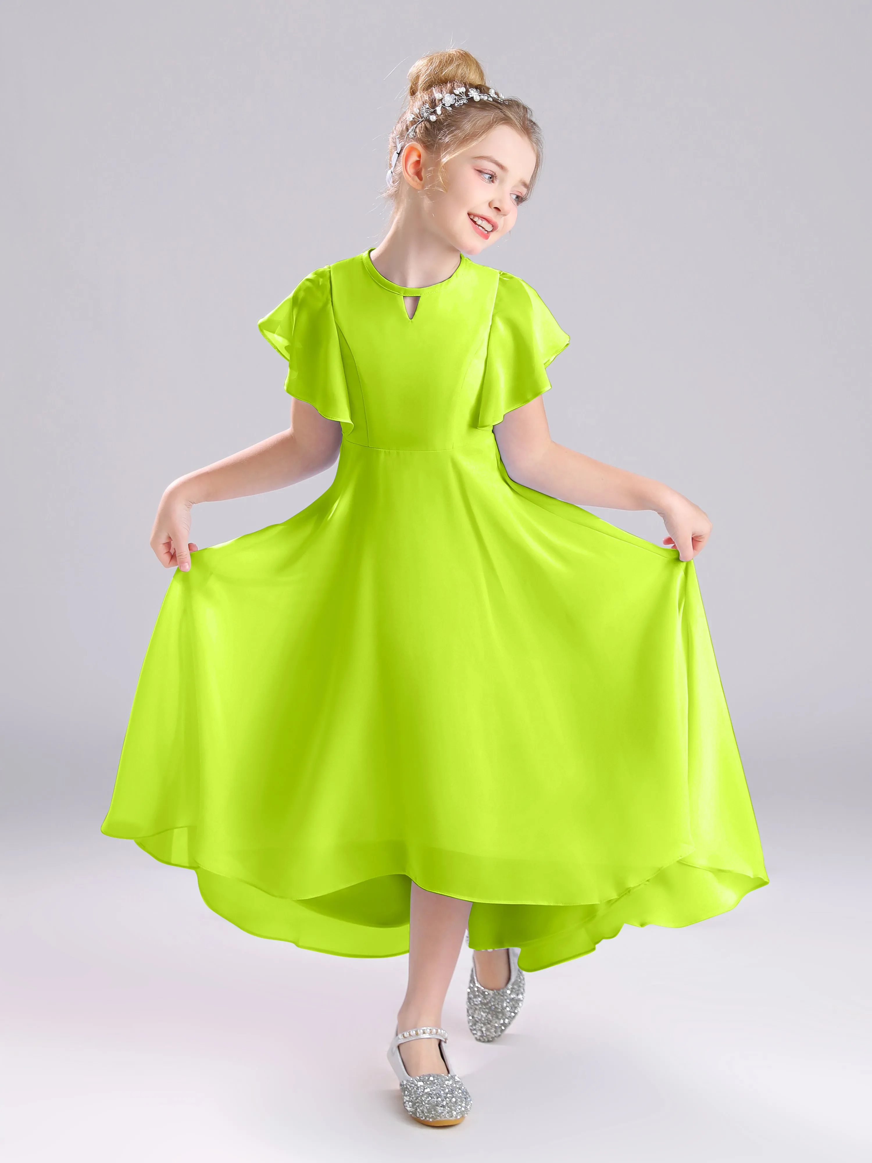 Ruffles Sleeves A-Line Long Chiffon Junior Bridesmaid Dresses