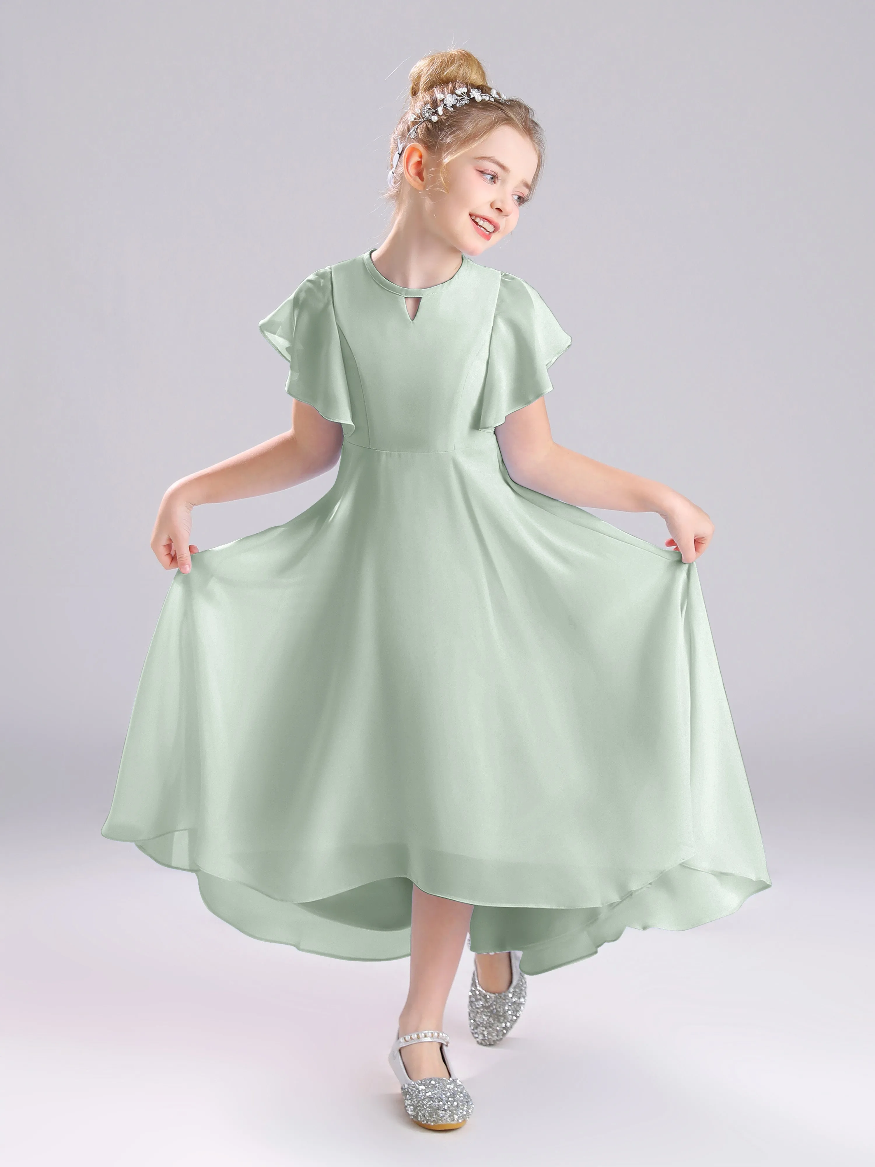 Ruffles Sleeves A-Line Long Chiffon Junior Bridesmaid Dresses