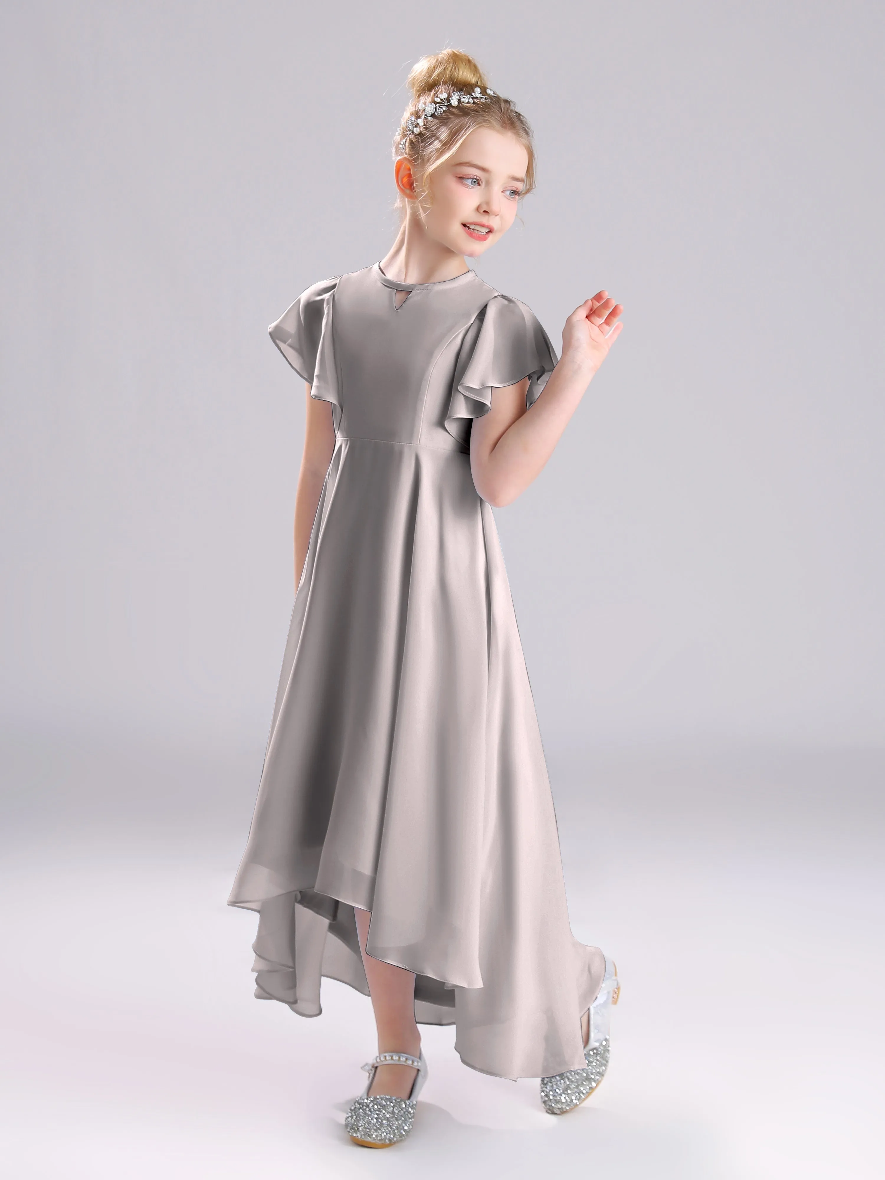 Ruffles Sleeves A-Line Long Chiffon Junior Bridesmaid Dresses