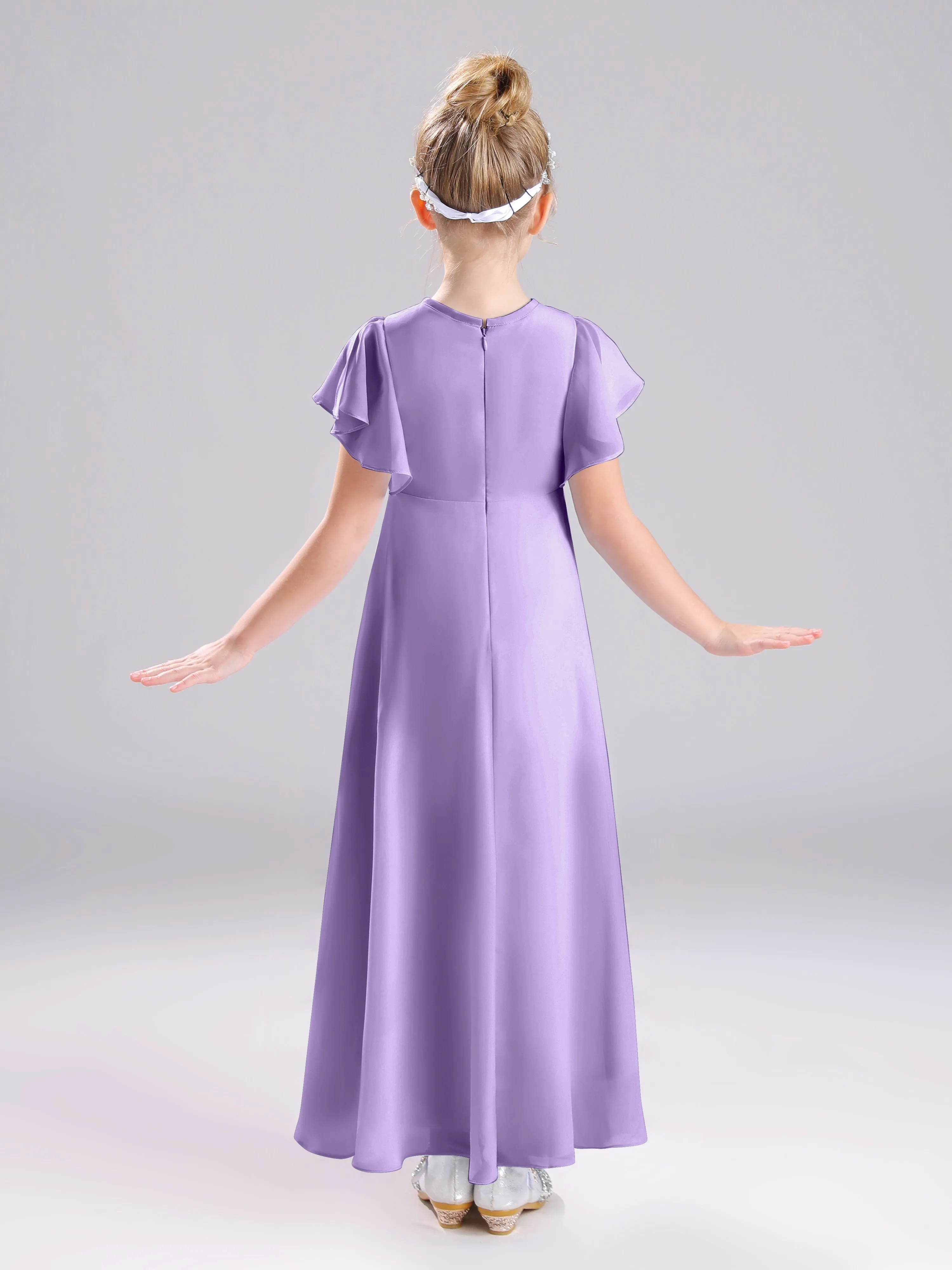 Ruffles Sleeves A-Line Long Chiffon Junior Bridesmaid Dresses