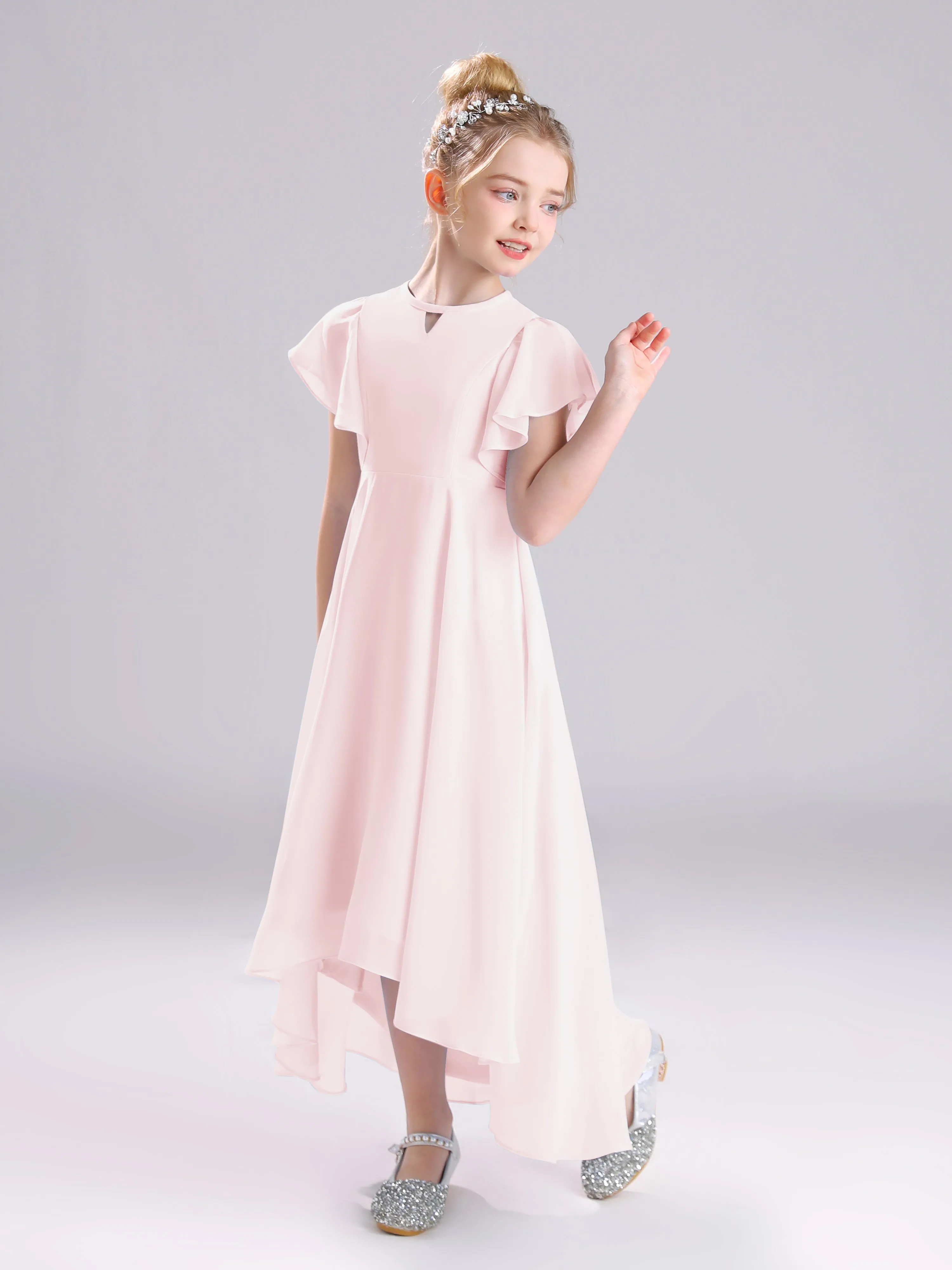 Ruffles Sleeves A-Line Long Chiffon Junior Bridesmaid Dresses