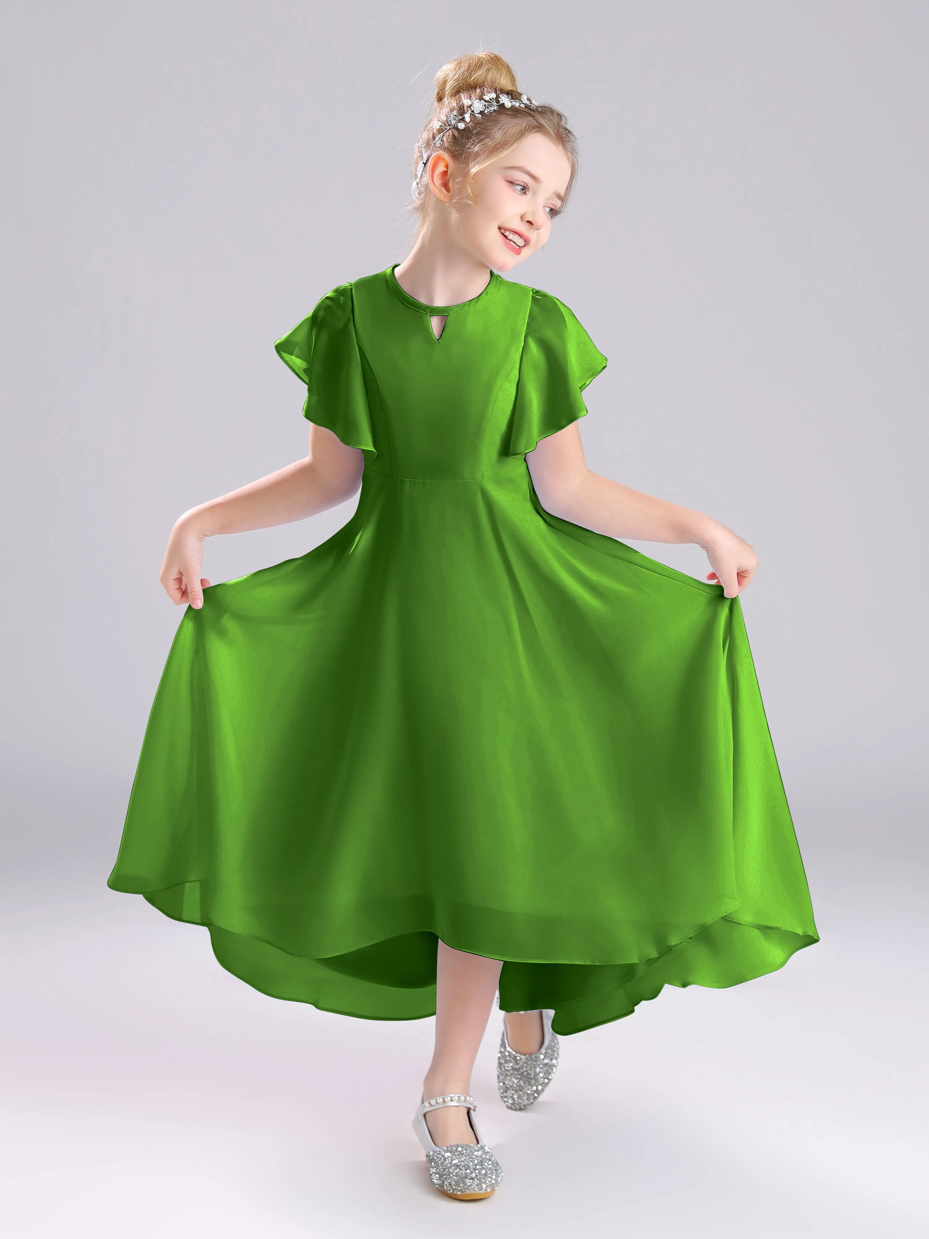 Ruffles Sleeves A-Line Long Chiffon Junior Bridesmaid Dresses