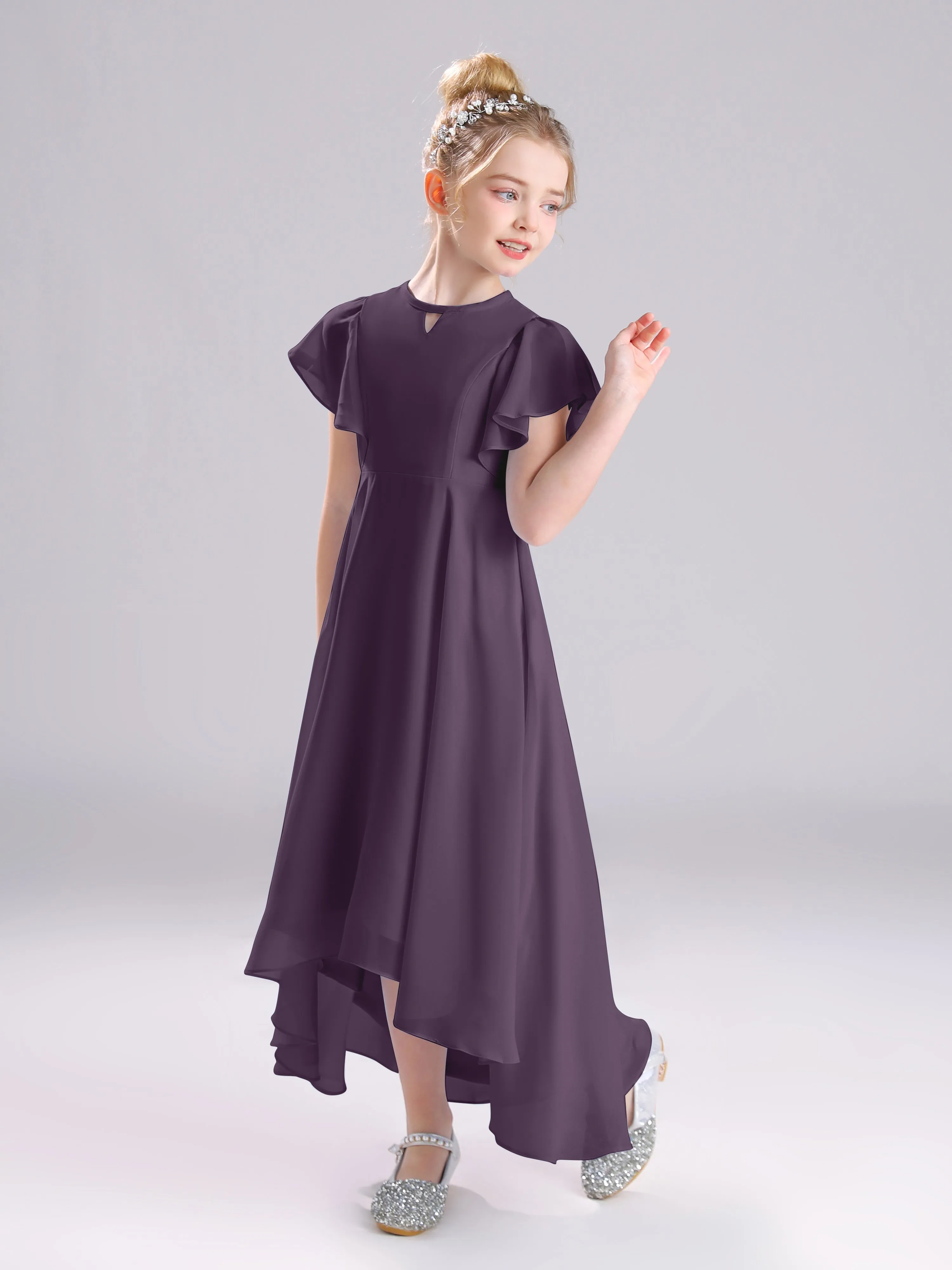 Ruffles Sleeves A-Line Long Chiffon Junior Bridesmaid Dresses