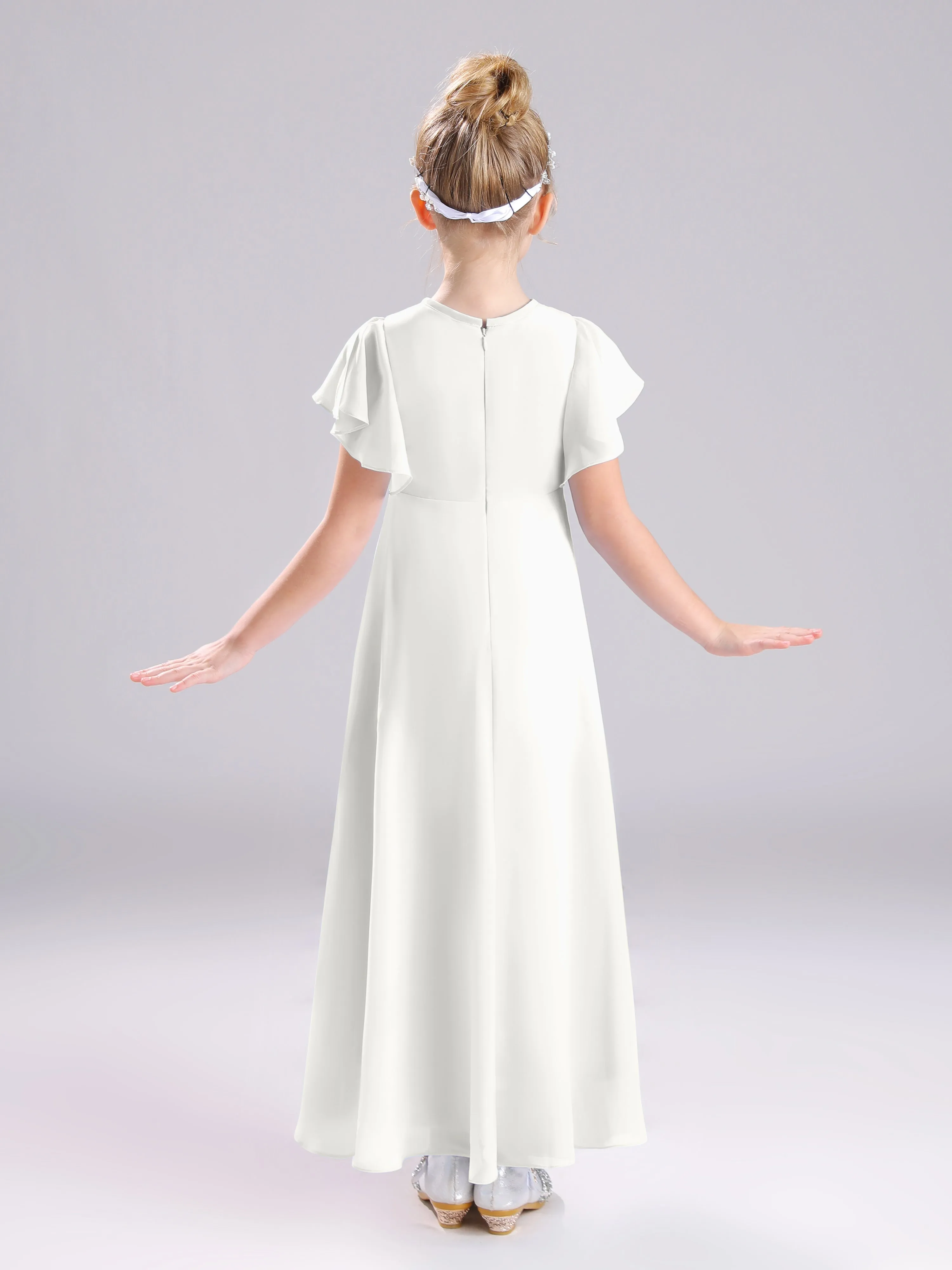 Ruffles Sleeves A-Line Long Chiffon Junior Bridesmaid Dresses