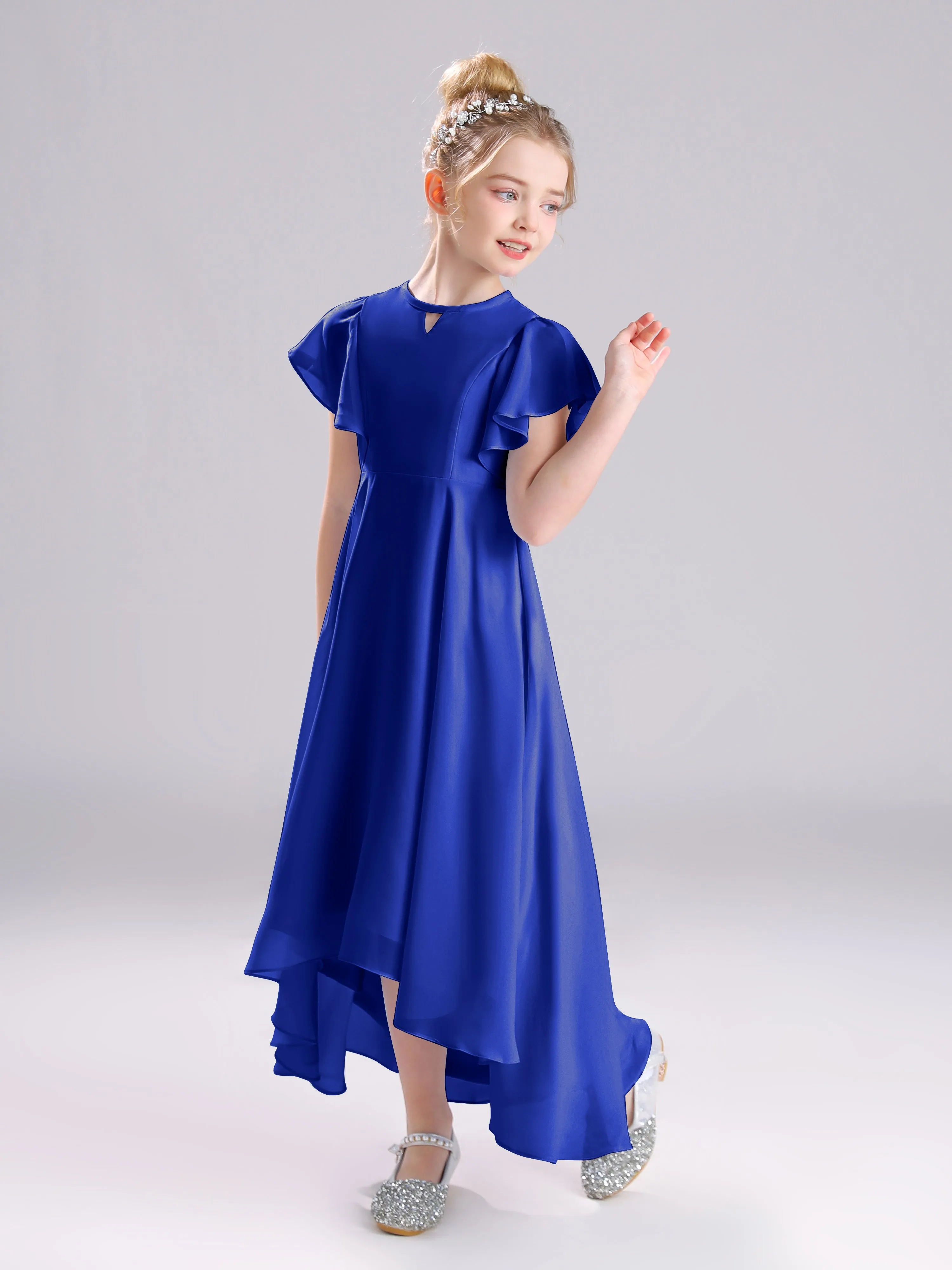Ruffles Sleeves A-Line Long Chiffon Junior Bridesmaid Dresses