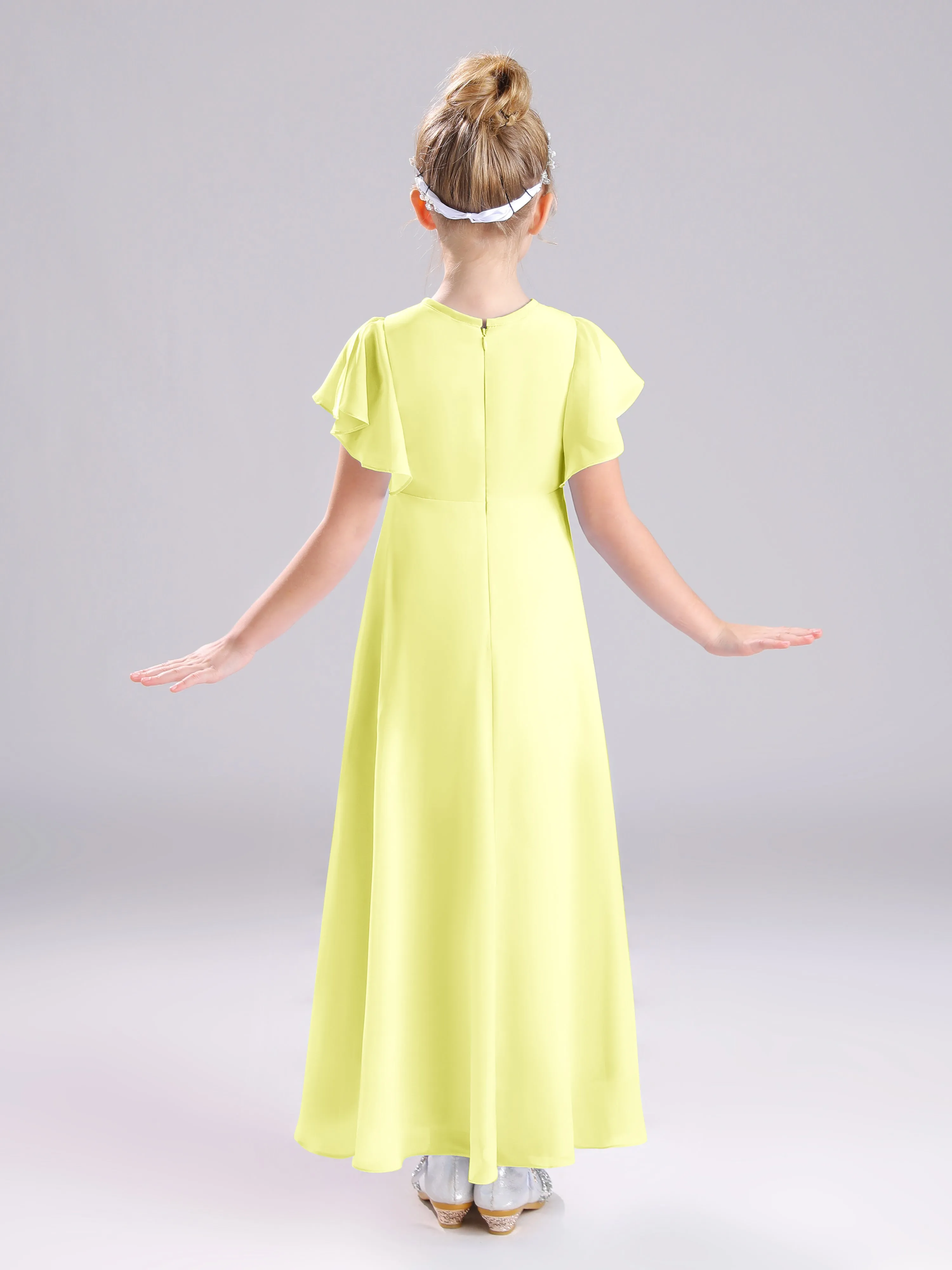 Ruffles Sleeves A-Line Long Chiffon Junior Bridesmaid Dresses