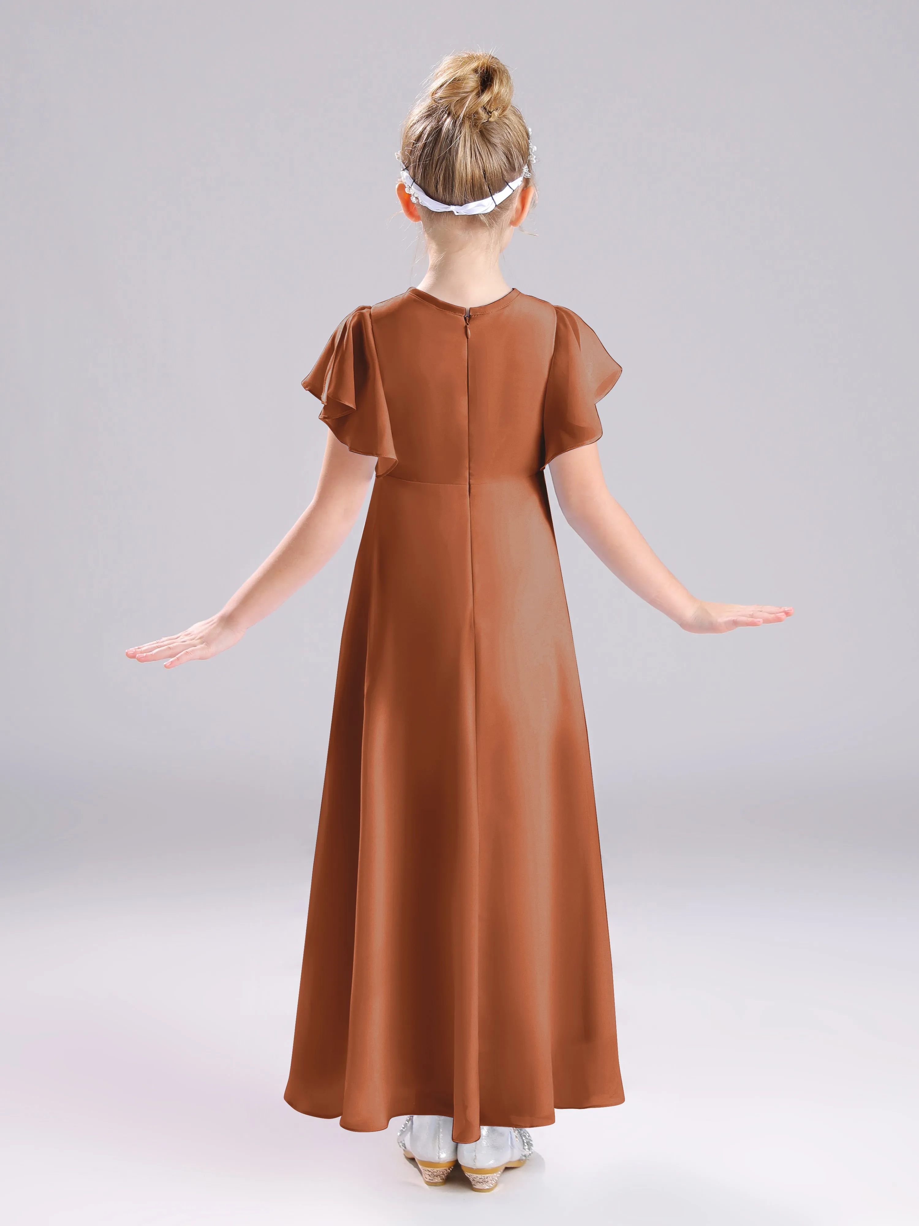 Ruffles Sleeves A-Line Long Chiffon Junior Bridesmaid Dresses