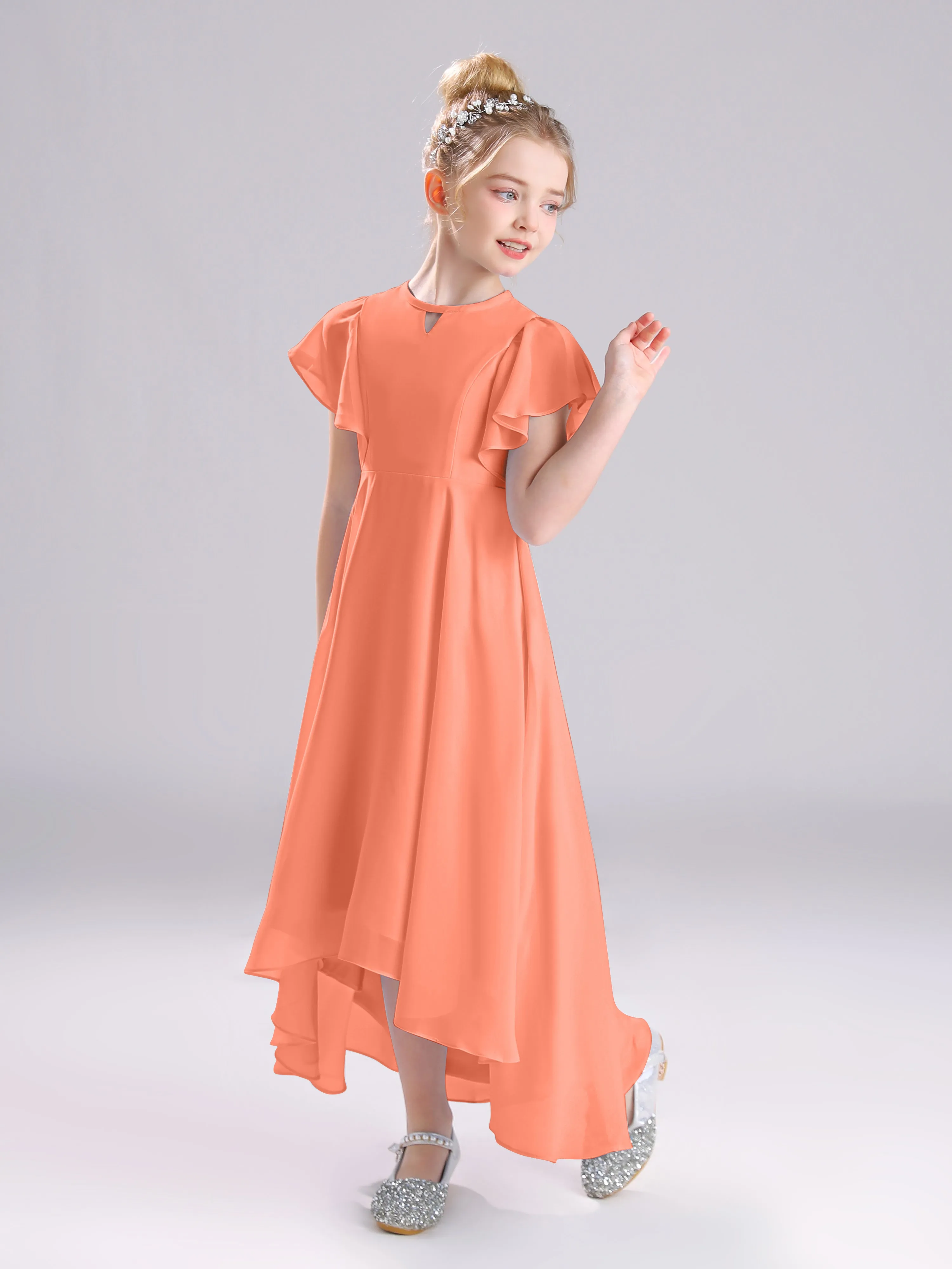Ruffles Sleeves A-Line Long Chiffon Junior Bridesmaid Dresses