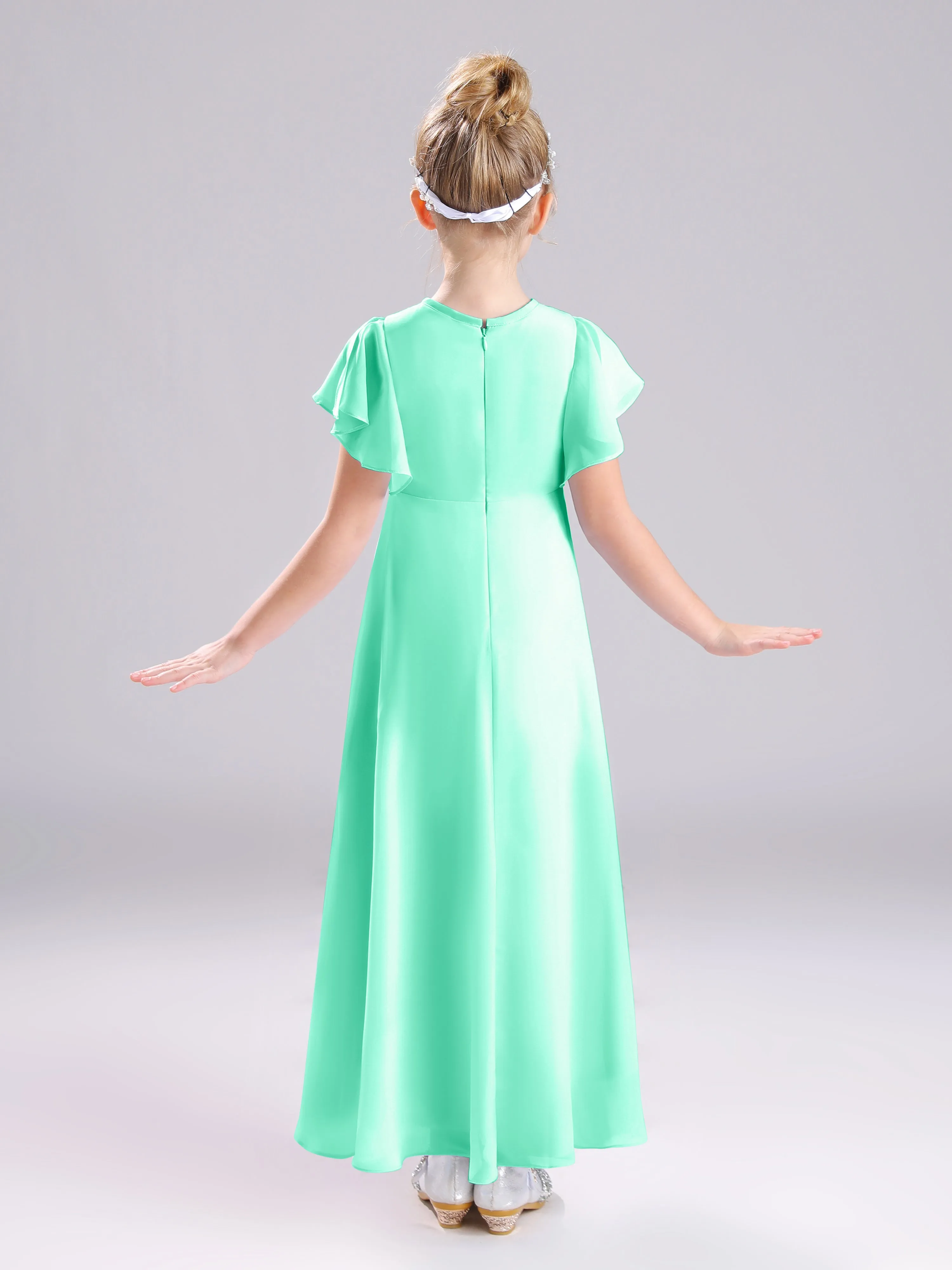 Ruffles Sleeves A-Line Long Chiffon Junior Bridesmaid Dresses