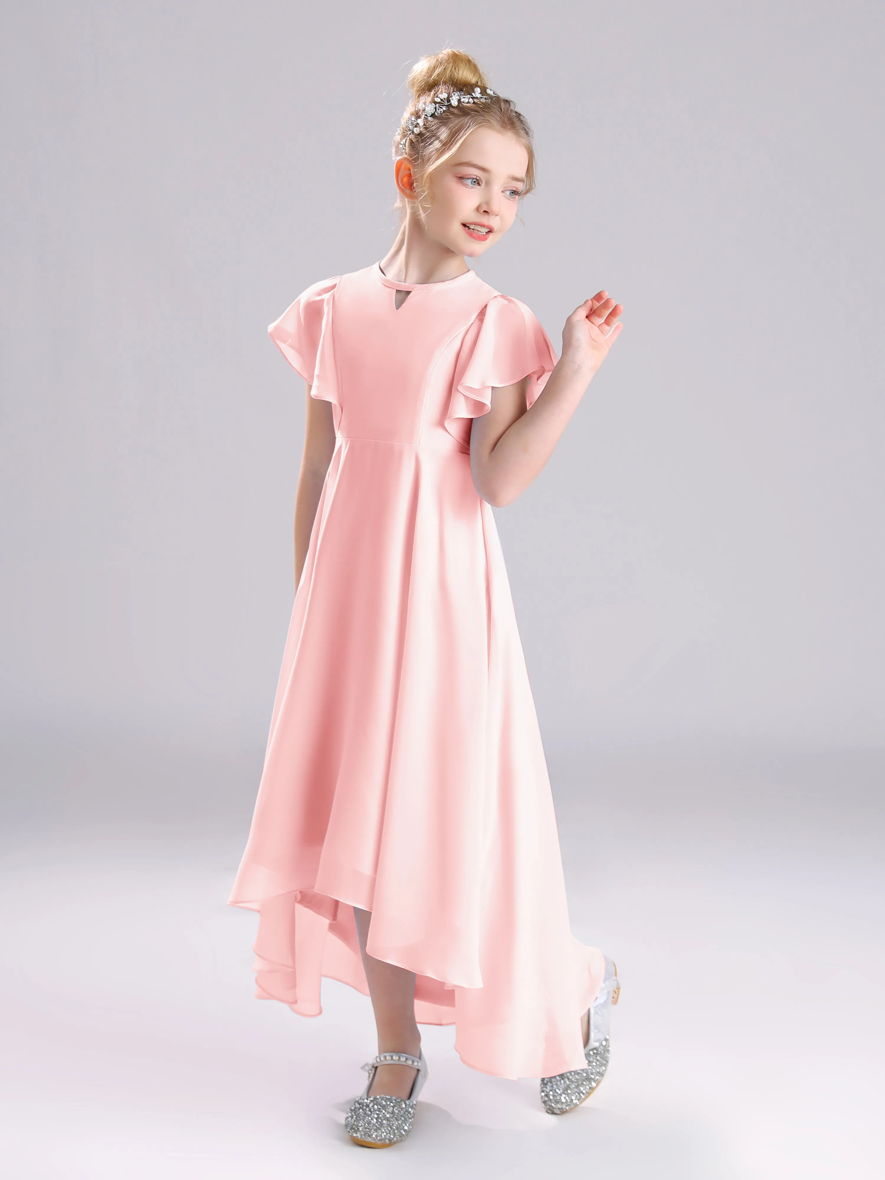 Ruffles Sleeves A-Line Long Chiffon Junior Bridesmaid Dresses