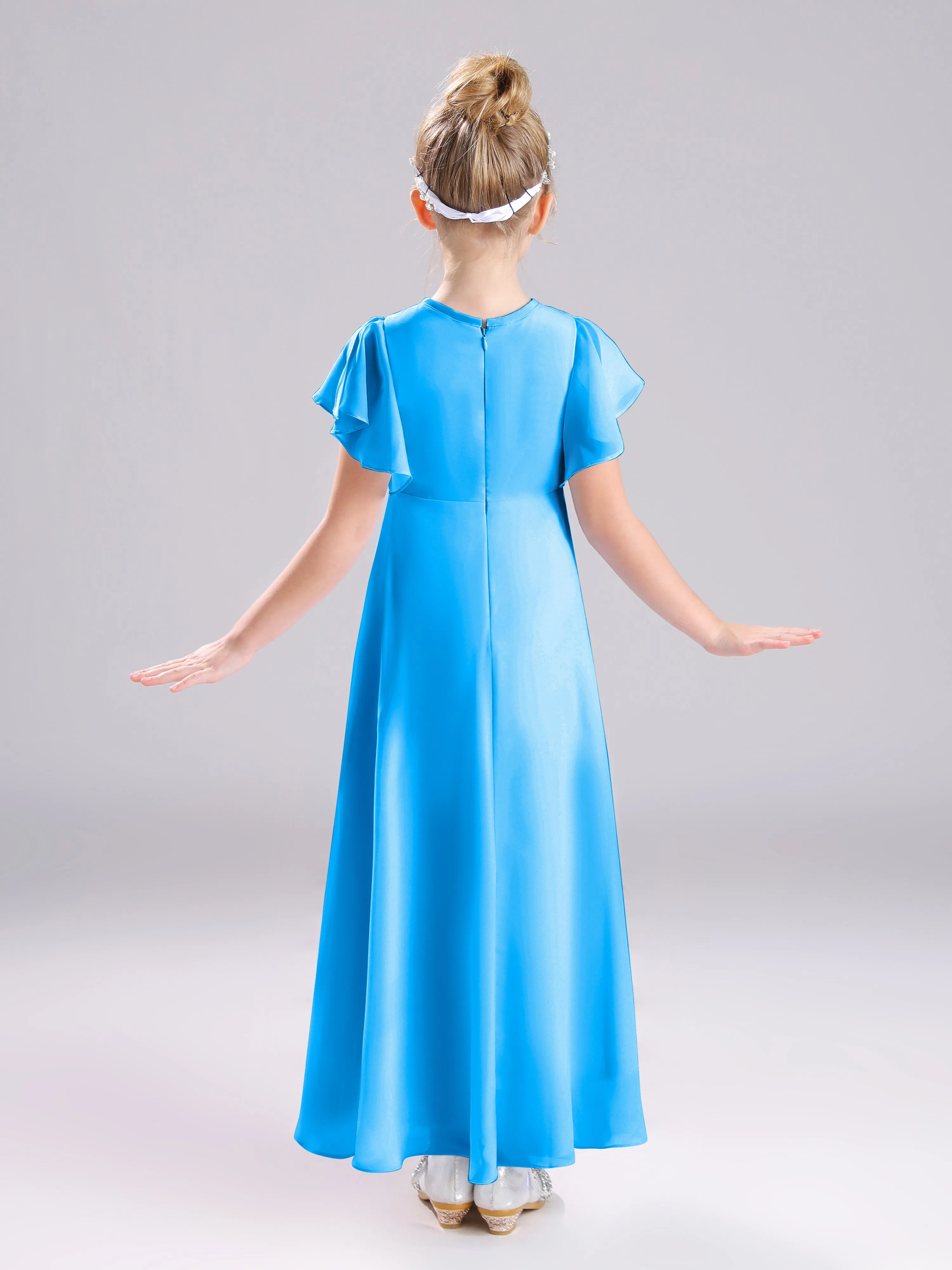 Ruffles Sleeves A-Line Long Chiffon Junior Bridesmaid Dresses