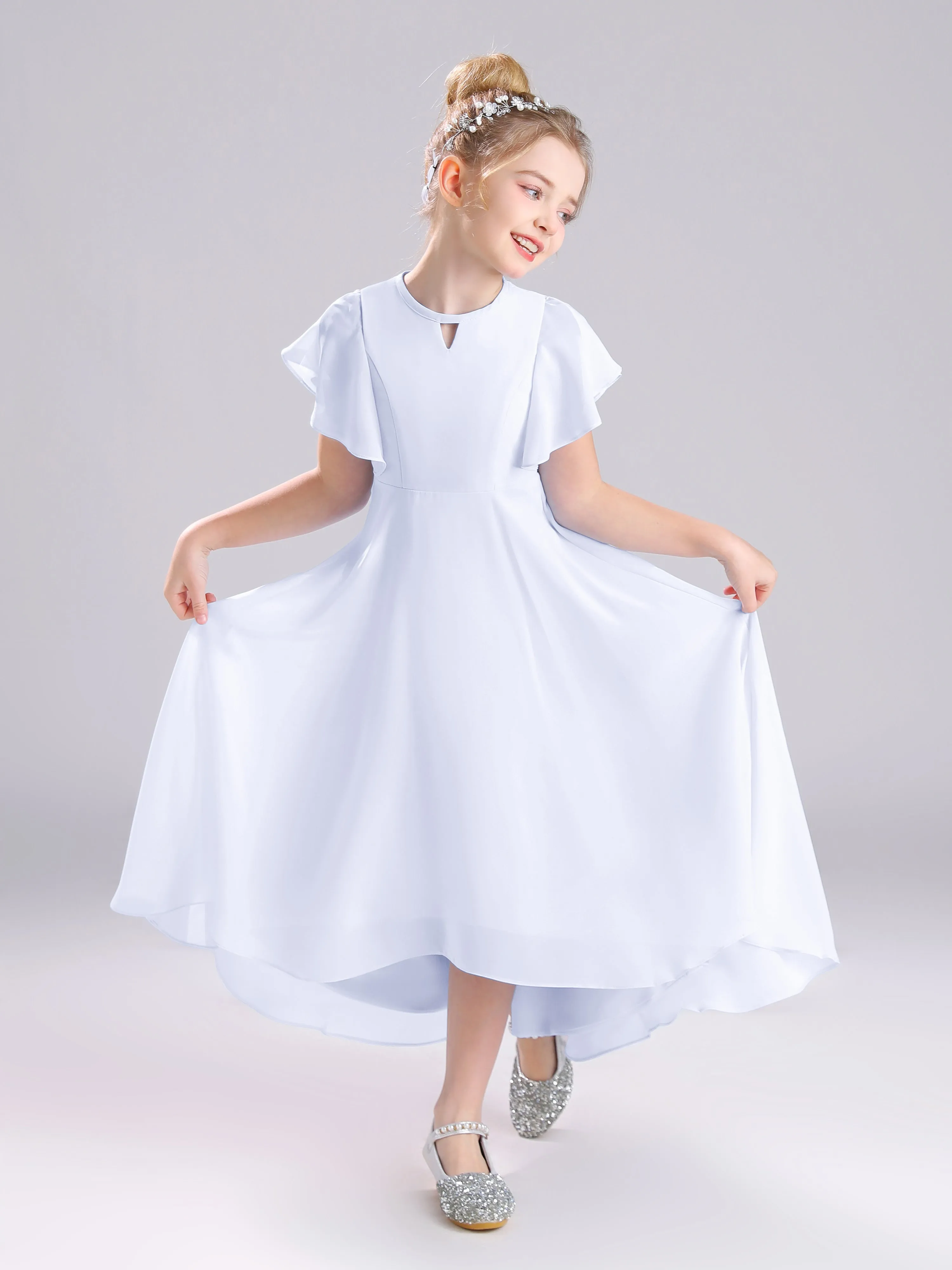 Ruffles Sleeves A-Line Long Chiffon Junior Bridesmaid Dresses