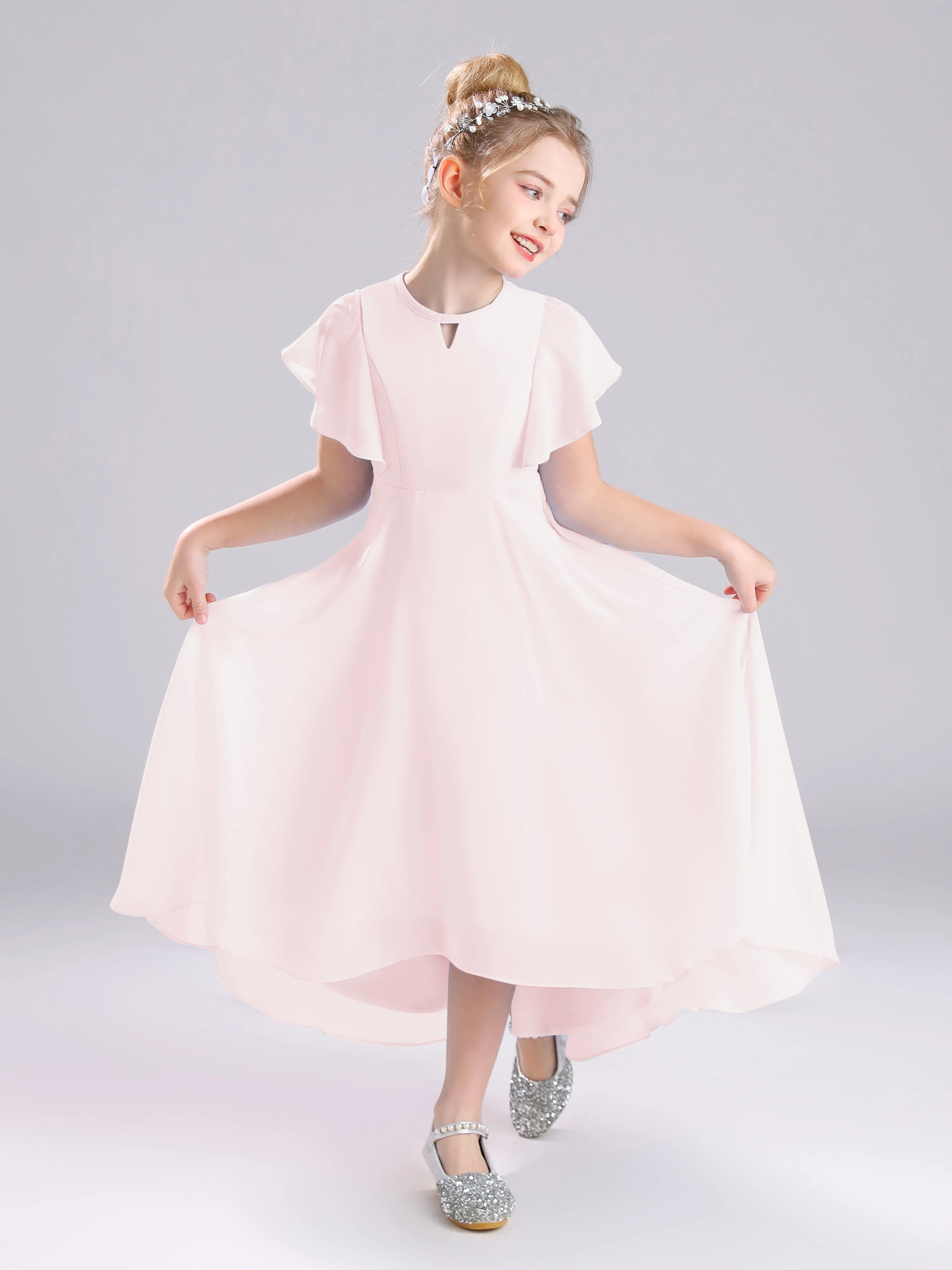 Ruffles Sleeves A-Line Long Chiffon Junior Bridesmaid Dresses