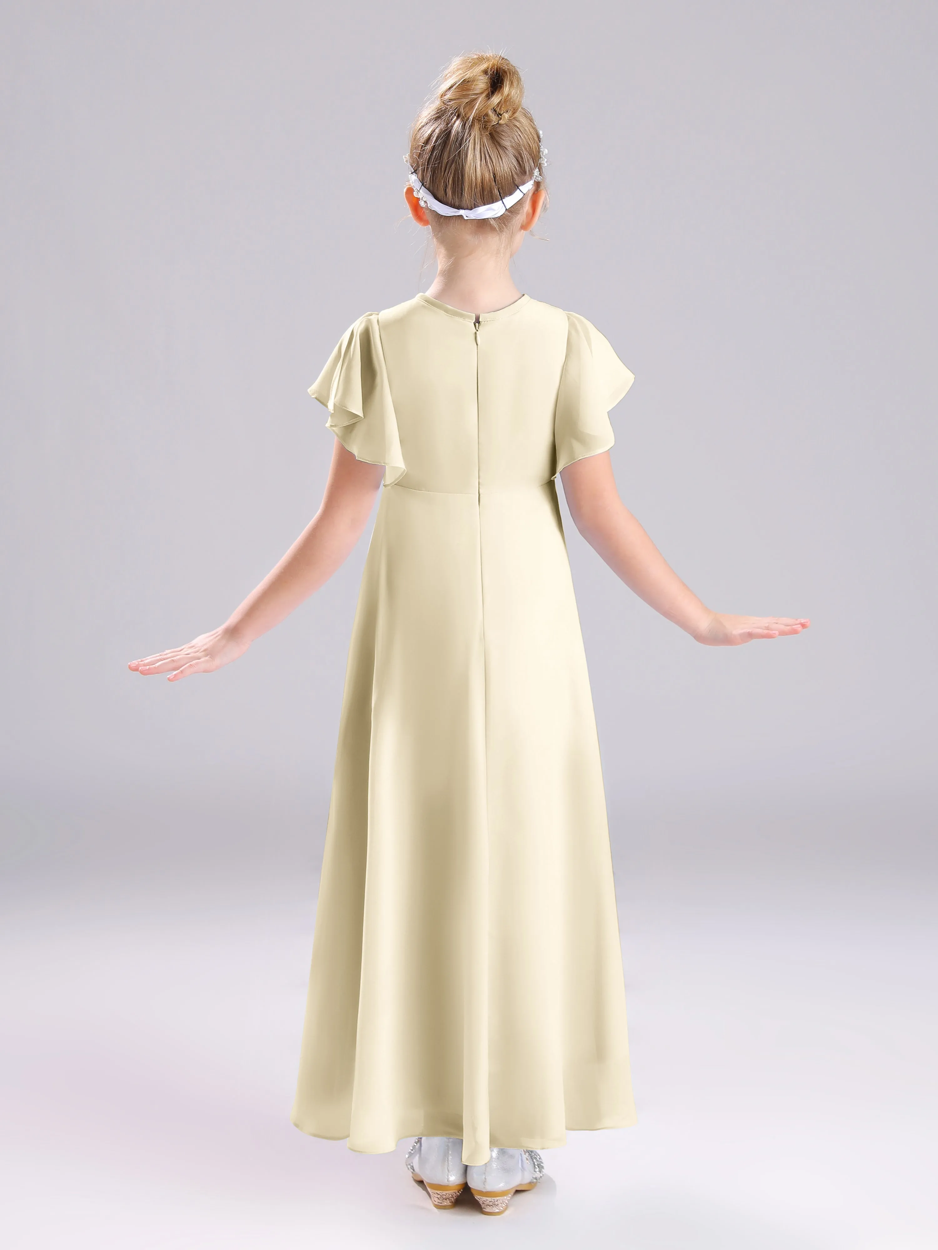 Ruffles Sleeves A-Line Long Chiffon Junior Bridesmaid Dresses