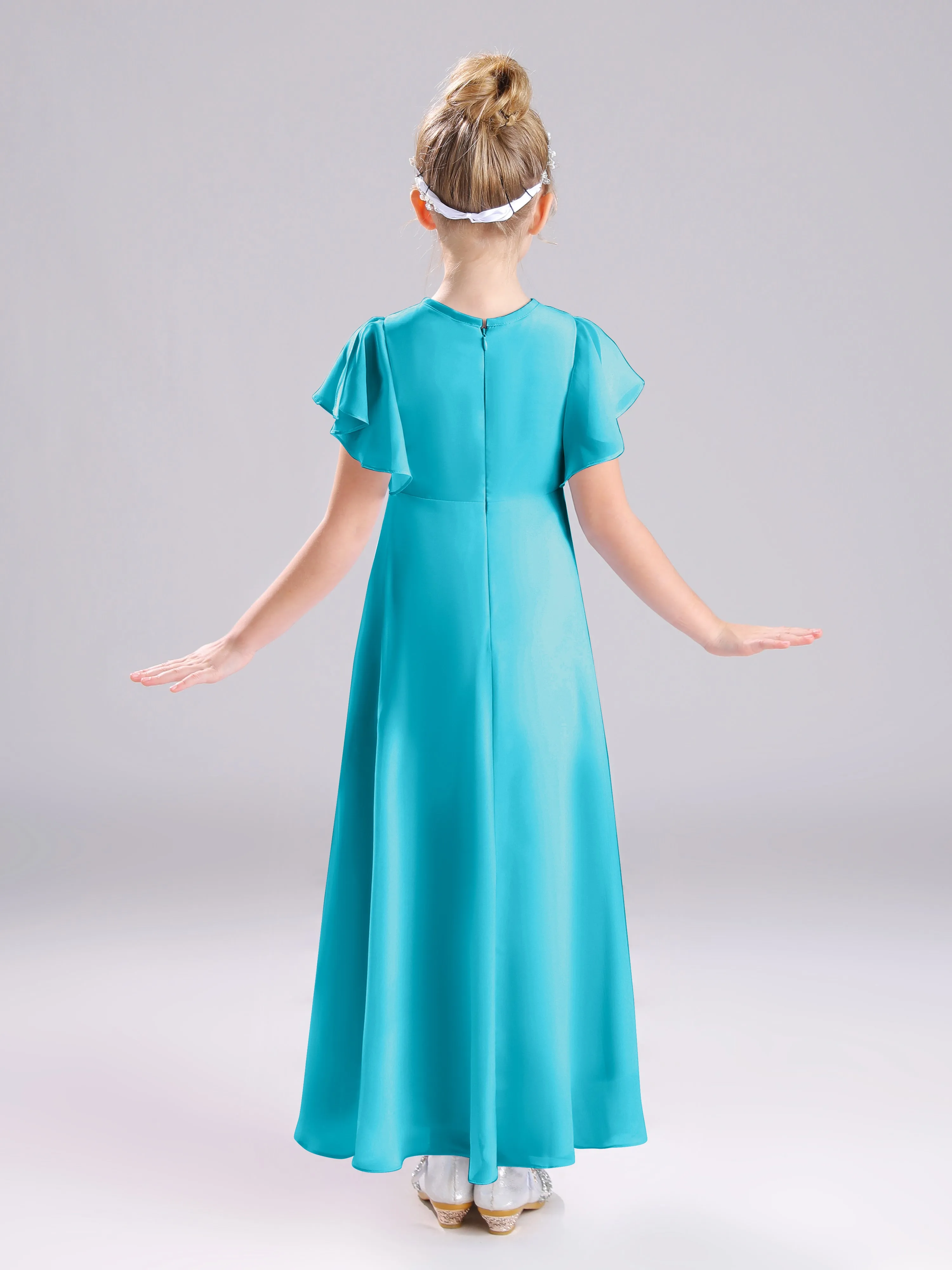Ruffles Sleeves A-Line Long Chiffon Junior Bridesmaid Dresses