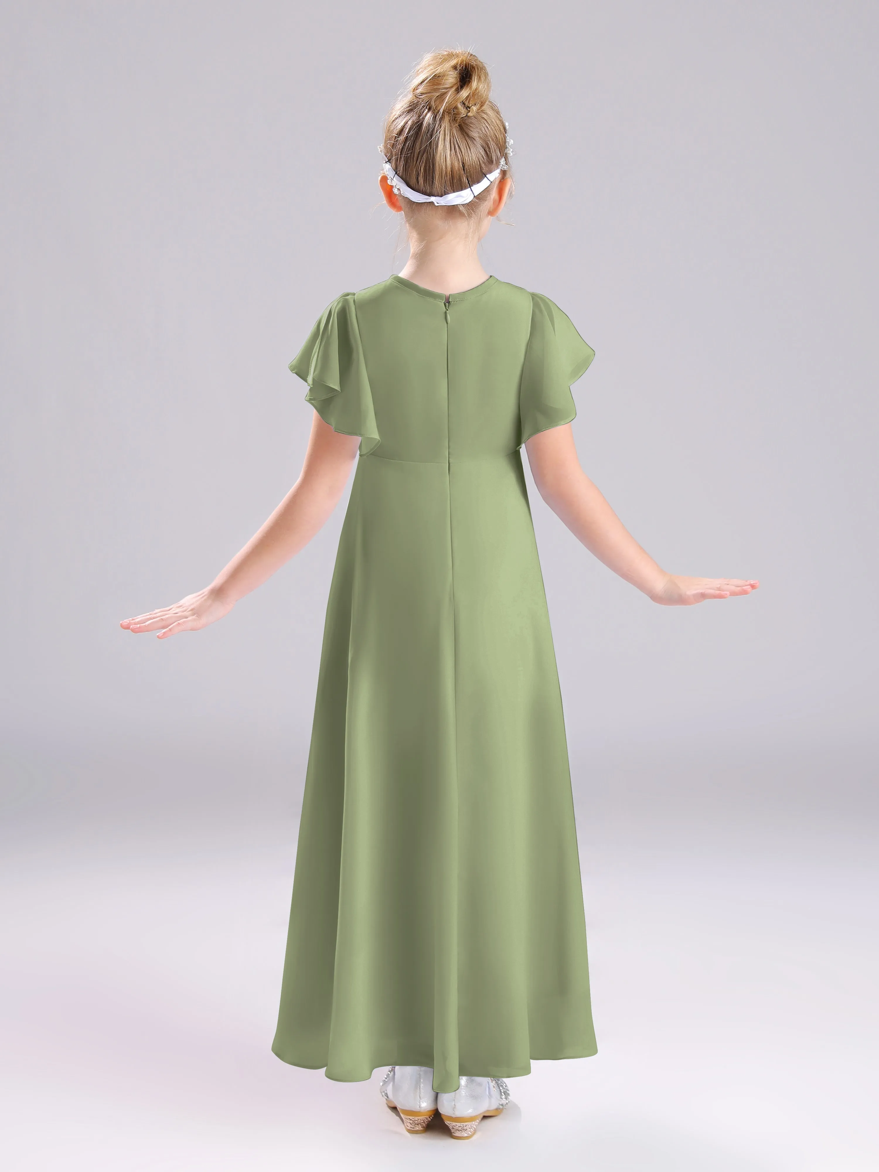 Ruffles Sleeves A-Line Long Chiffon Junior Bridesmaid Dresses