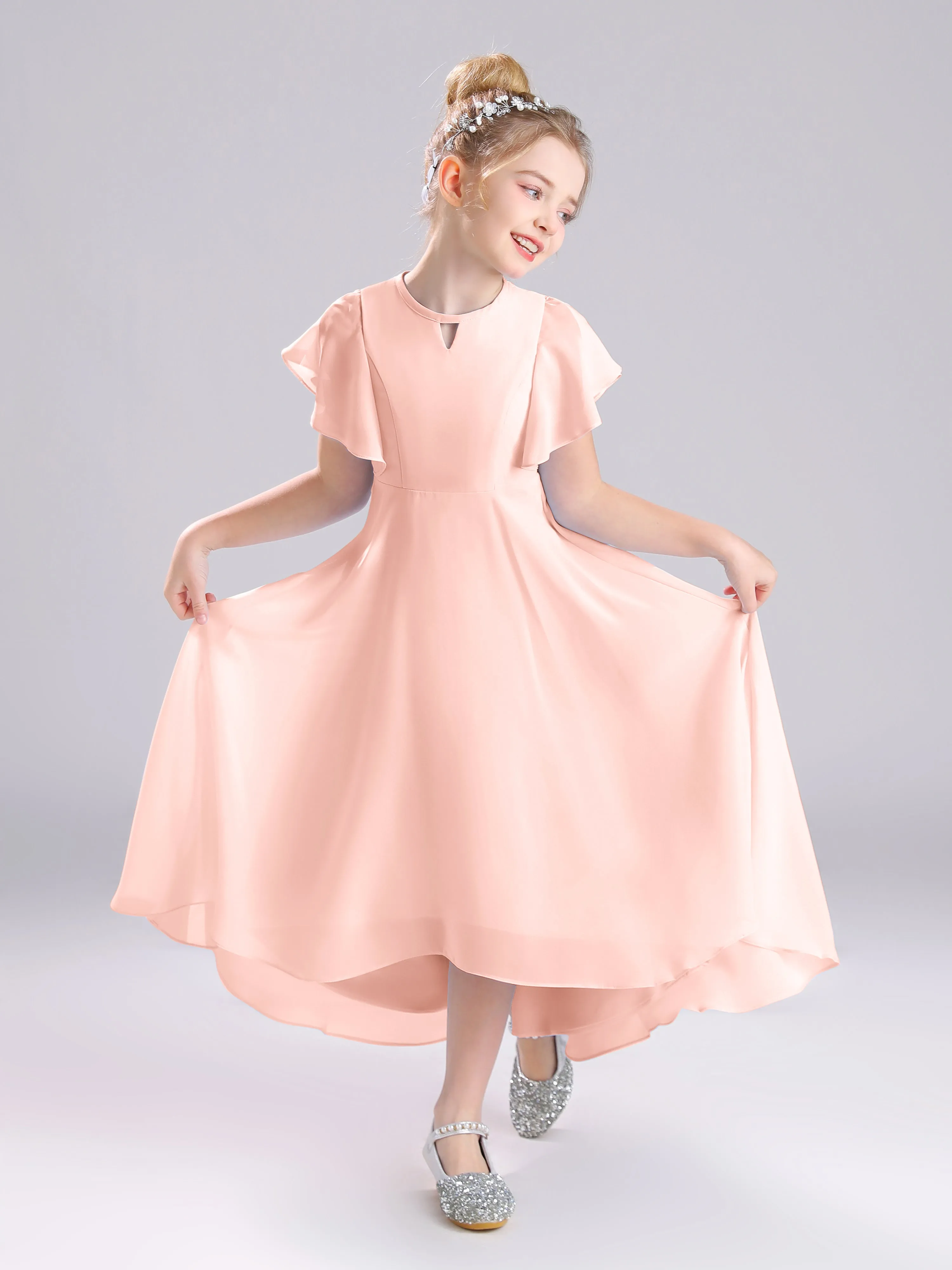 Ruffles Sleeves A-Line Long Chiffon Junior Bridesmaid Dresses