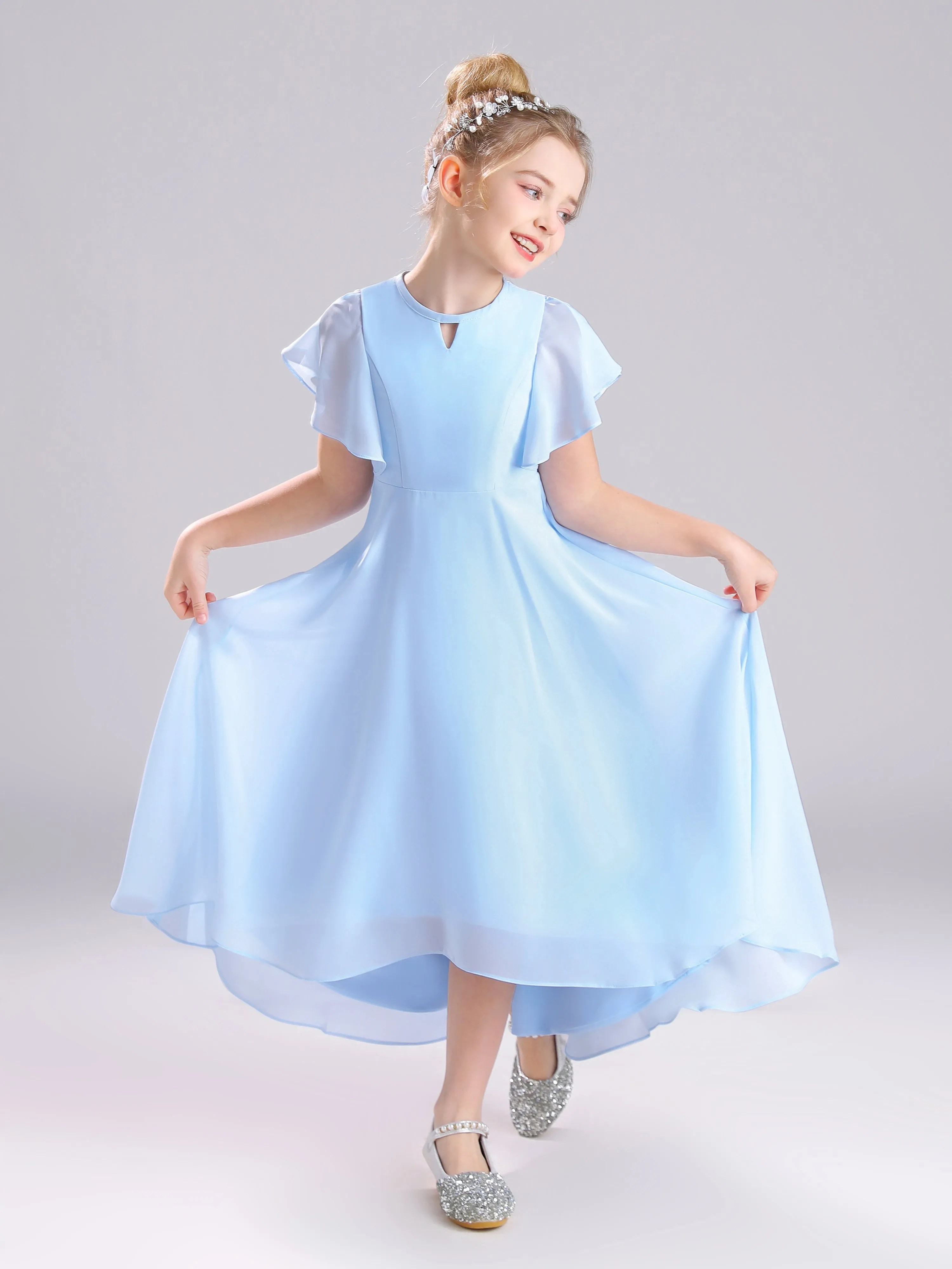 Ruffles Sleeves A-Line Long Chiffon Junior Bridesmaid Dresses