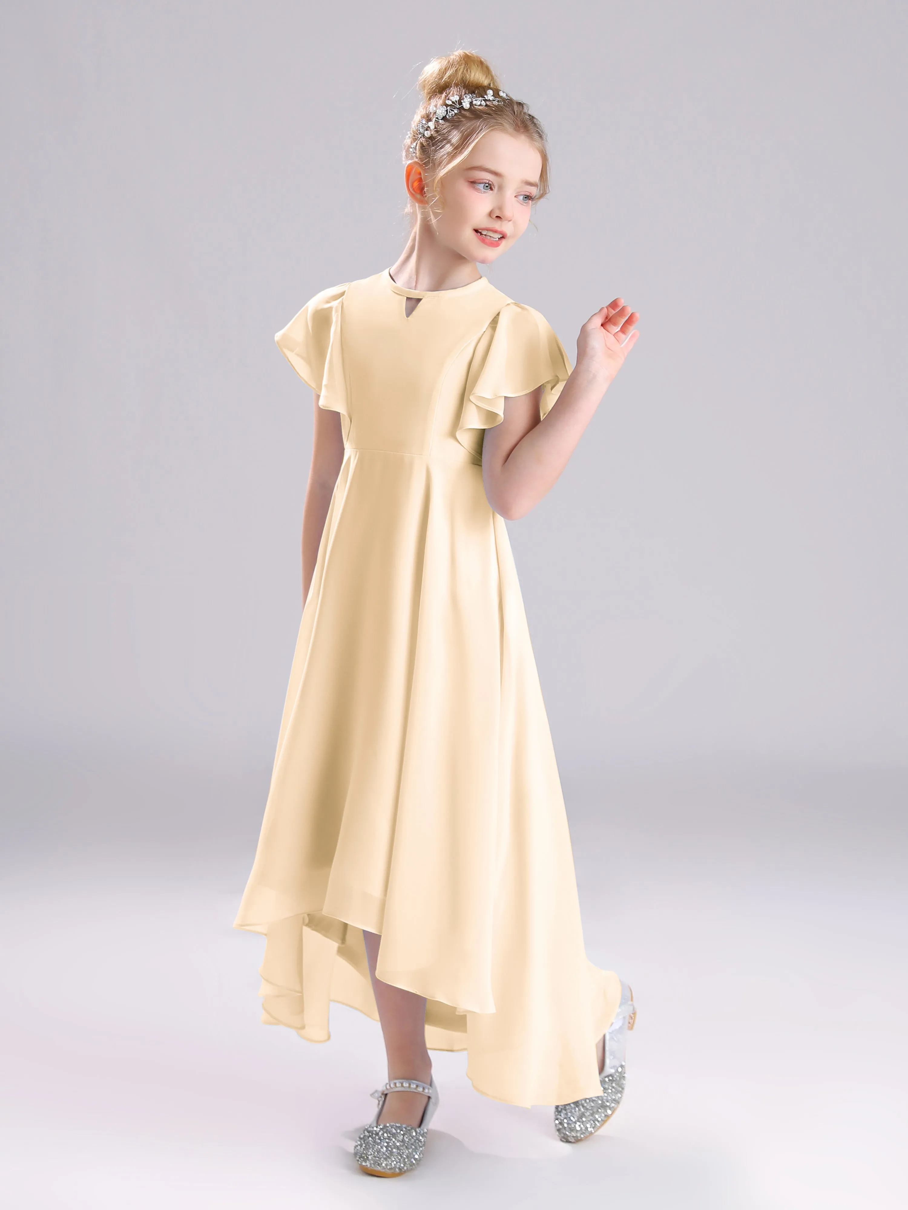 Ruffles Sleeves A-Line Long Chiffon Junior Bridesmaid Dresses