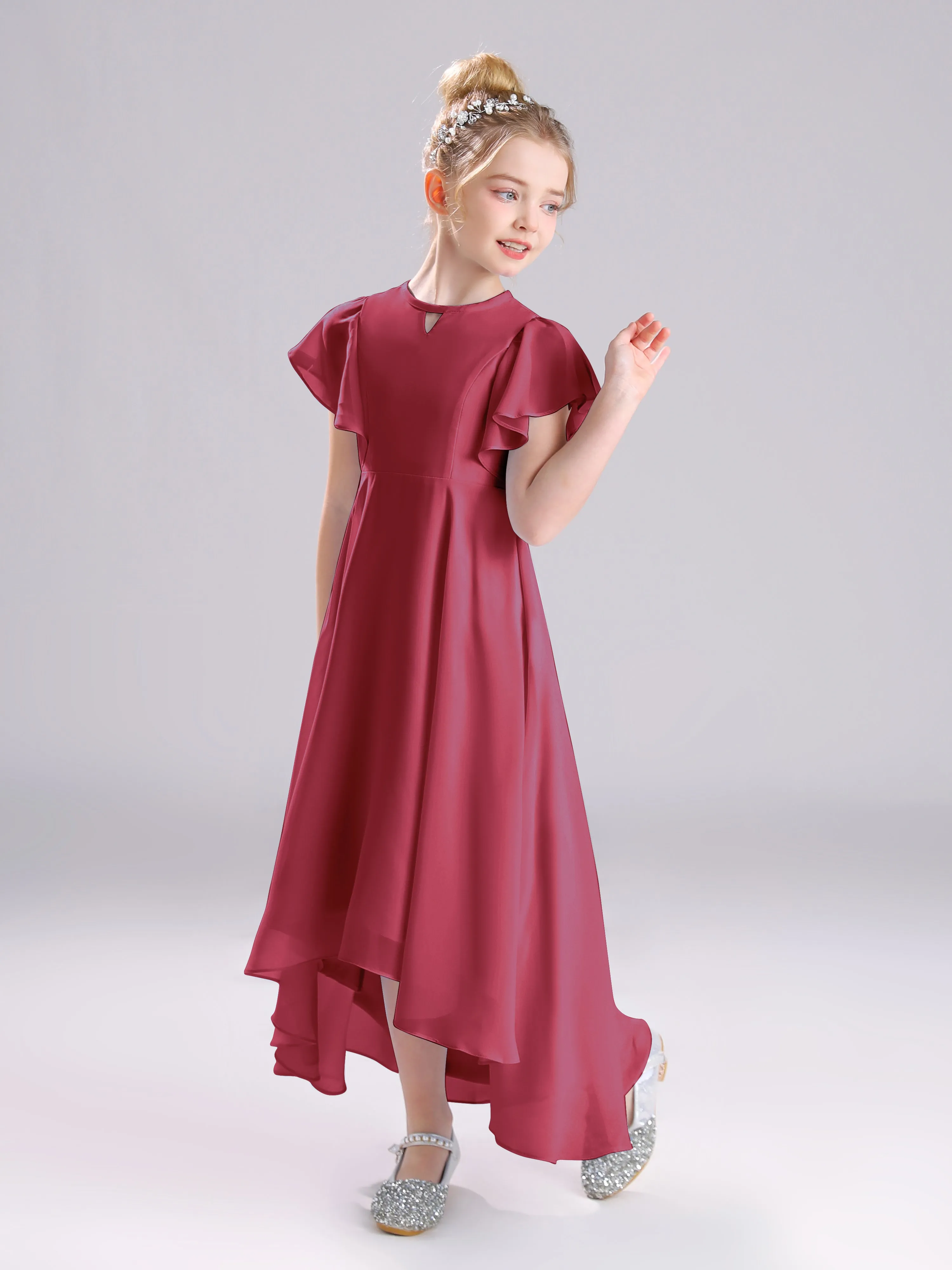 Ruffles Sleeves A-Line Long Chiffon Junior Bridesmaid Dresses