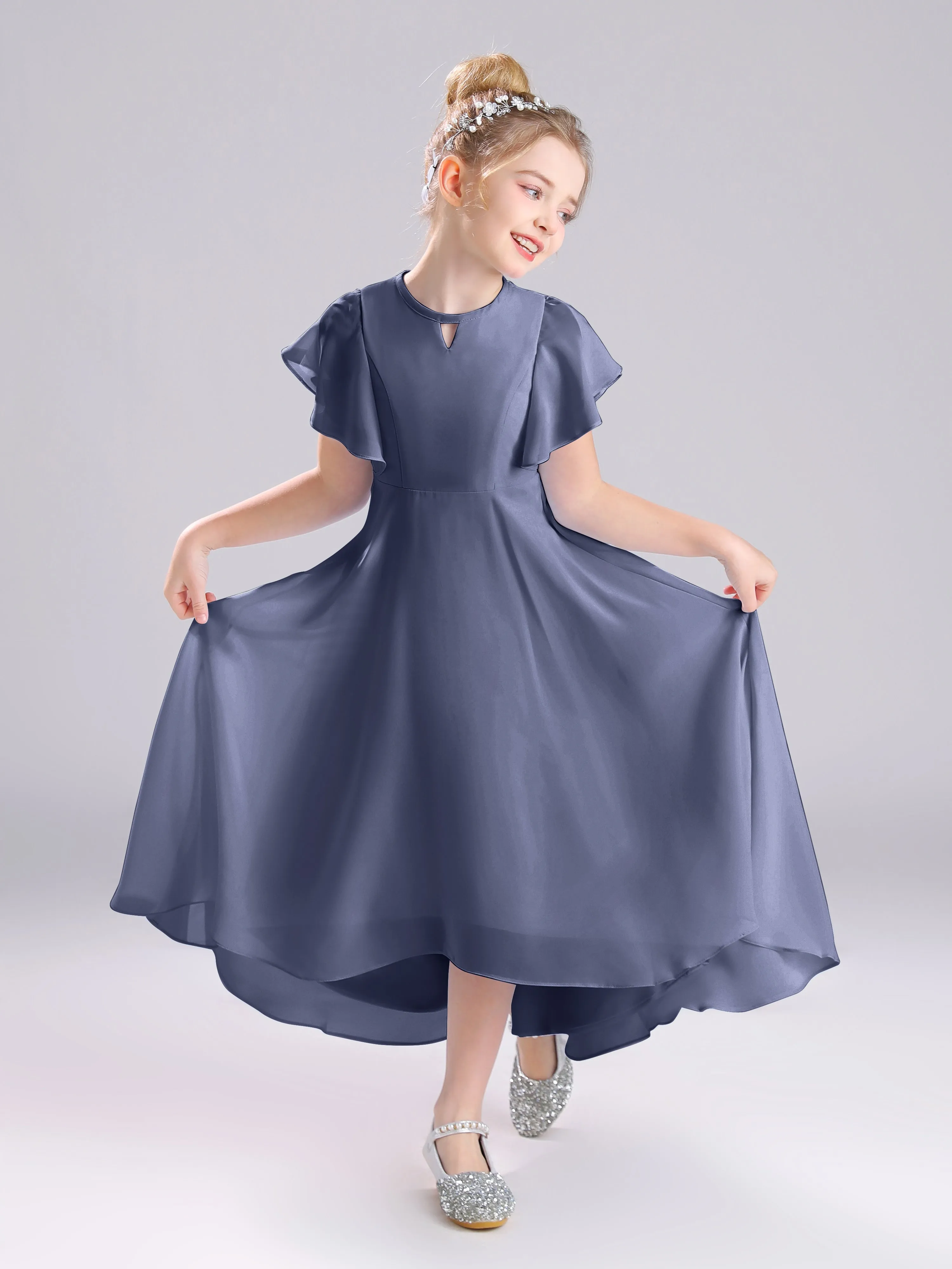 Ruffles Sleeves A-Line Long Chiffon Junior Bridesmaid Dresses