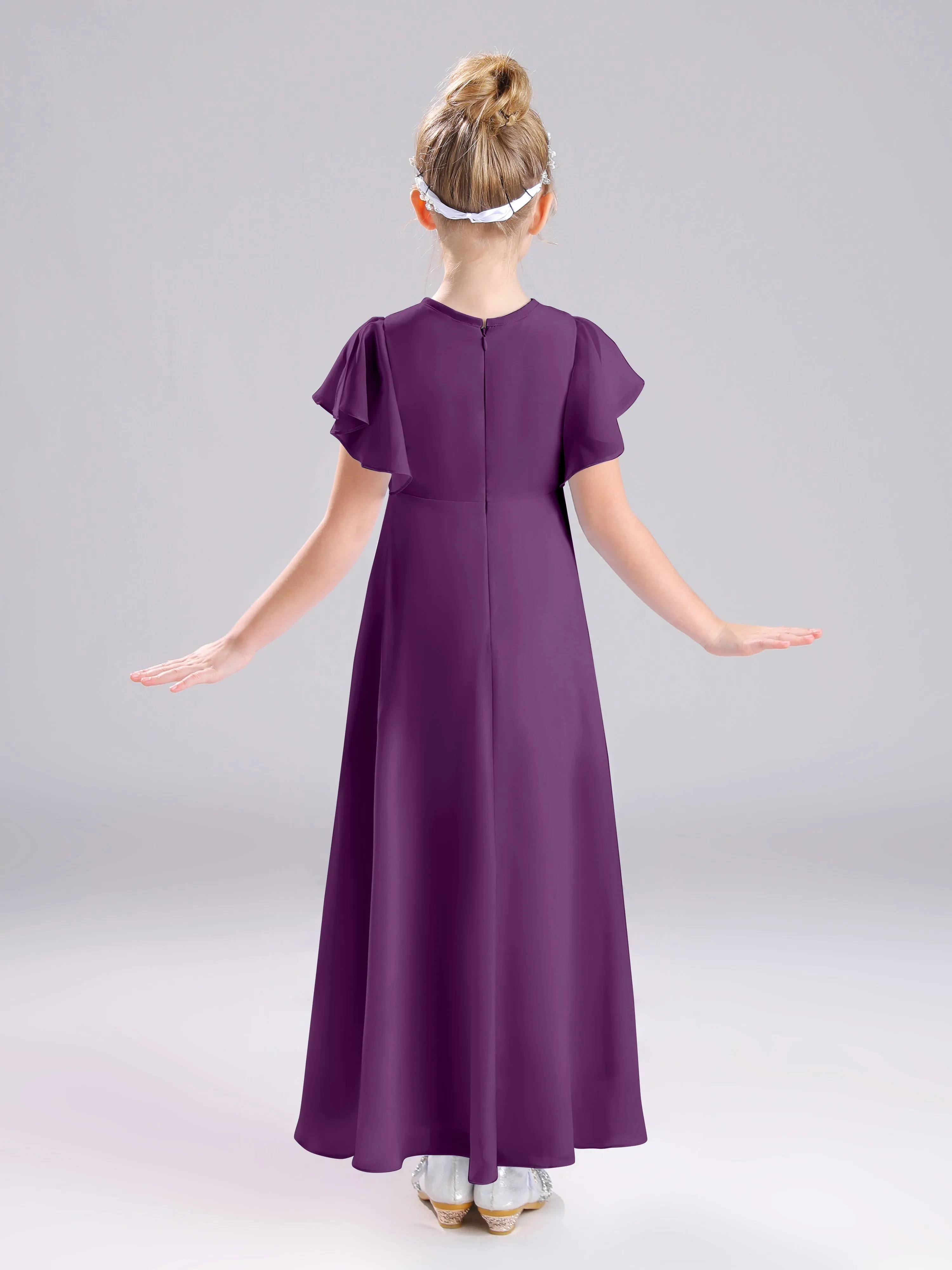 Ruffles Sleeves A-Line Long Chiffon Junior Bridesmaid Dresses