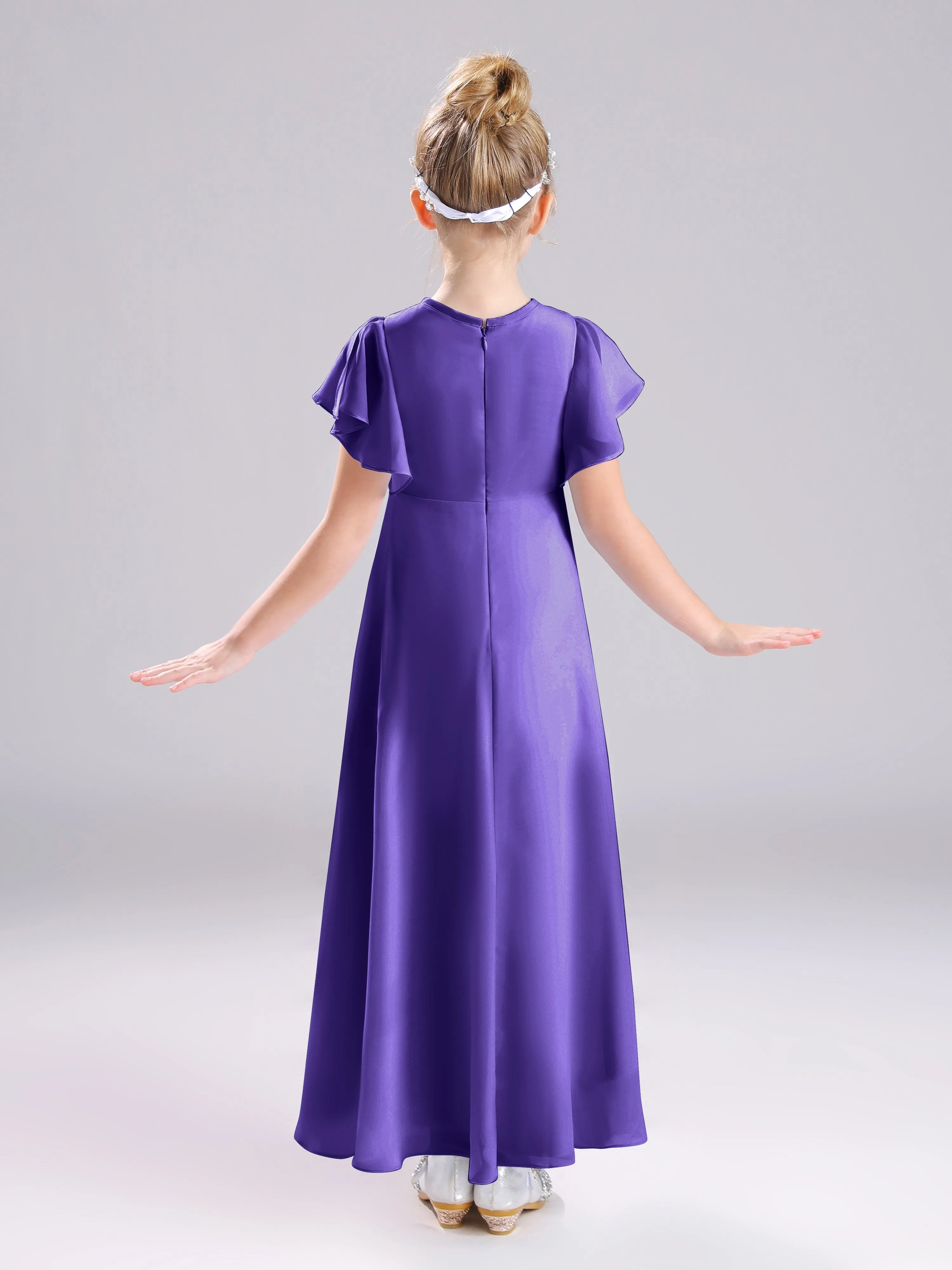 Ruffles Sleeves A-Line Long Chiffon Junior Bridesmaid Dresses