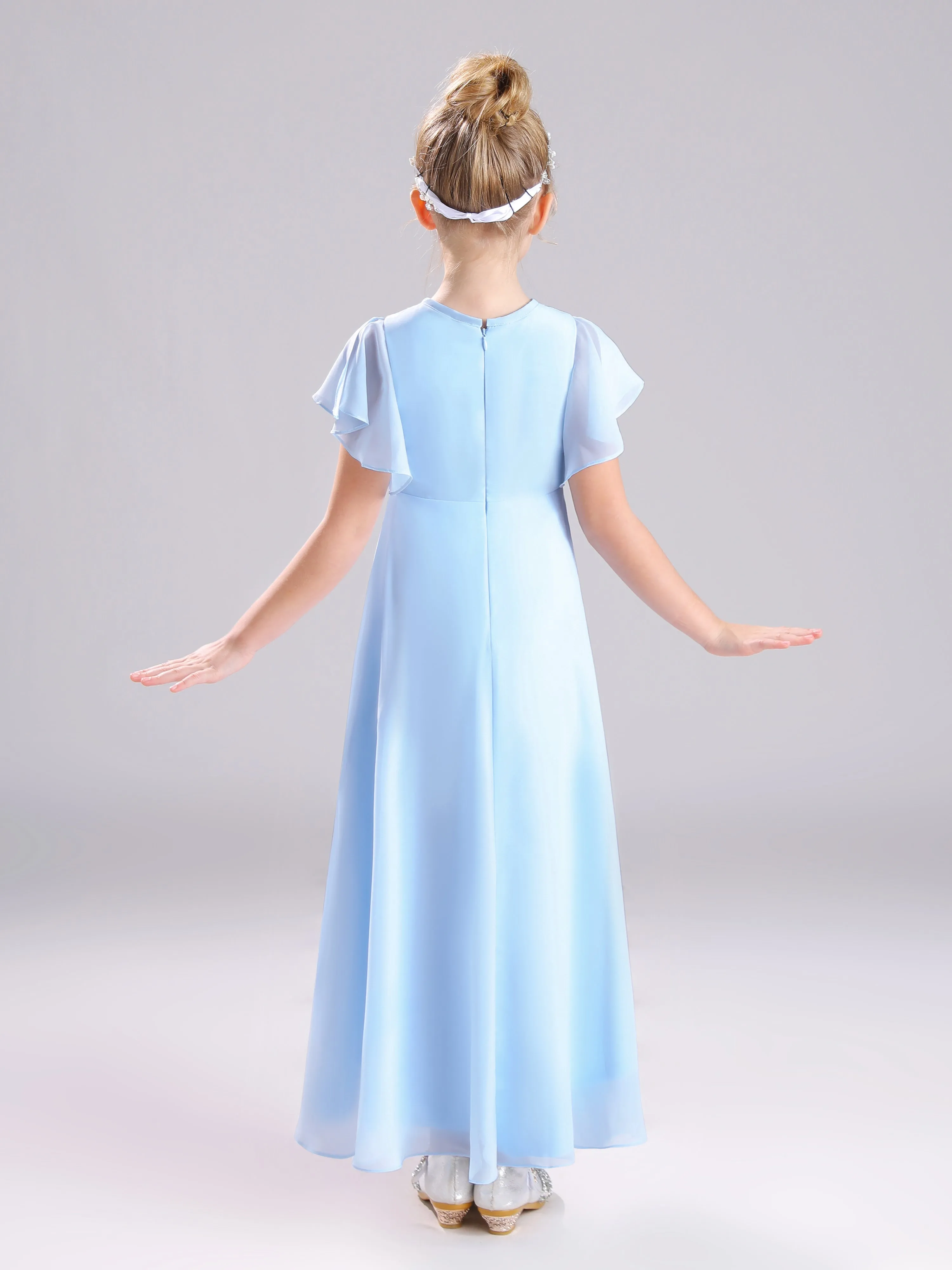 Ruffles Sleeves A-Line Long Chiffon Junior Bridesmaid Dresses