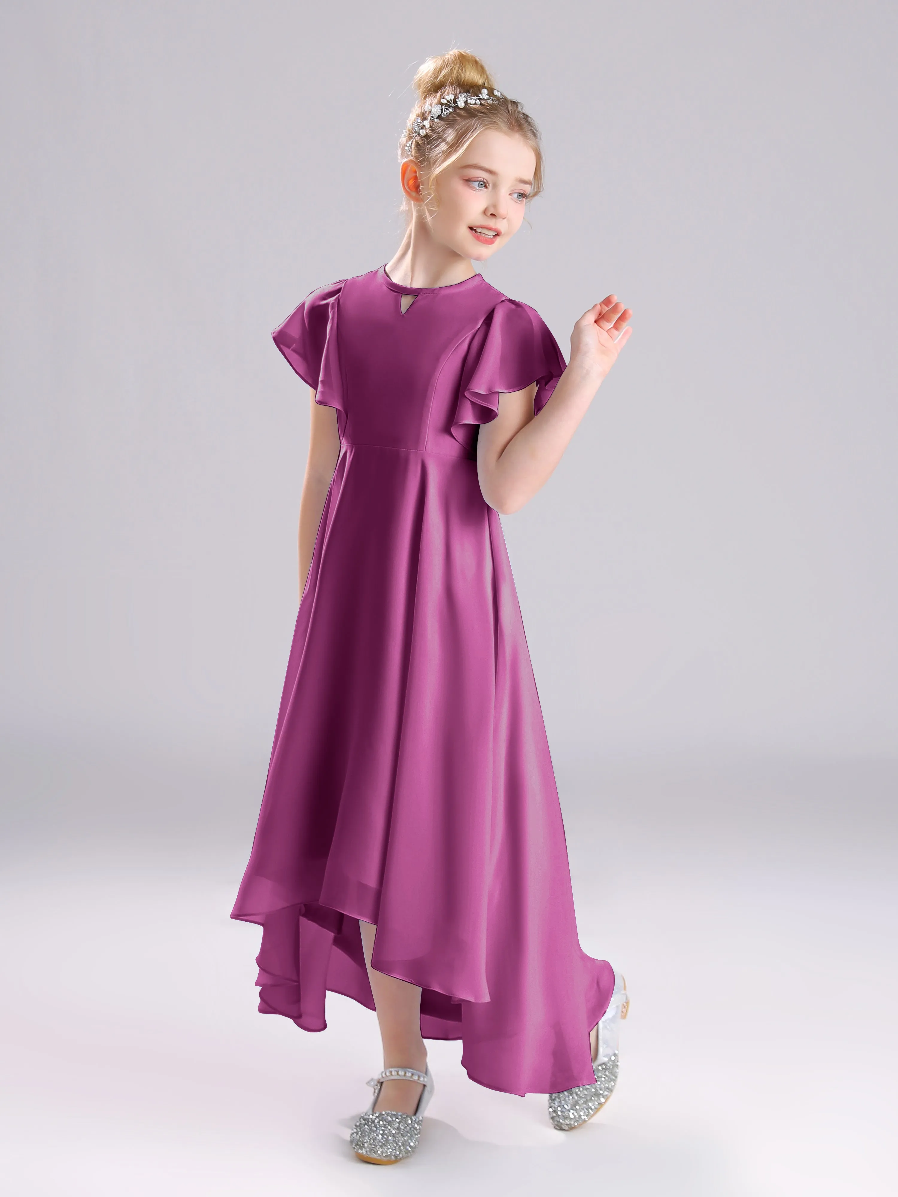 Ruffles Sleeves A-Line Long Chiffon Junior Bridesmaid Dresses