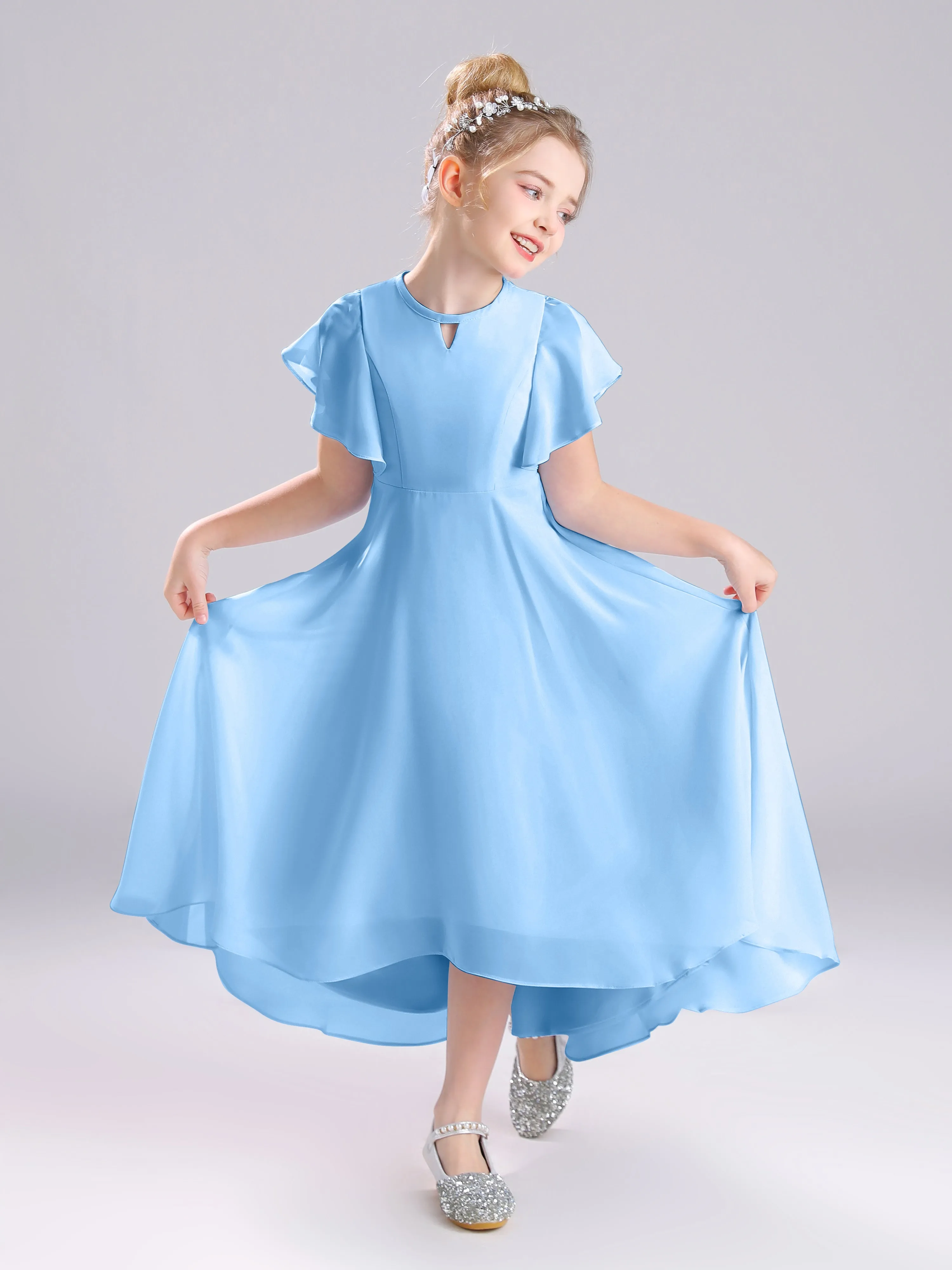 Ruffles Sleeves A-Line Long Chiffon Junior Bridesmaid Dresses