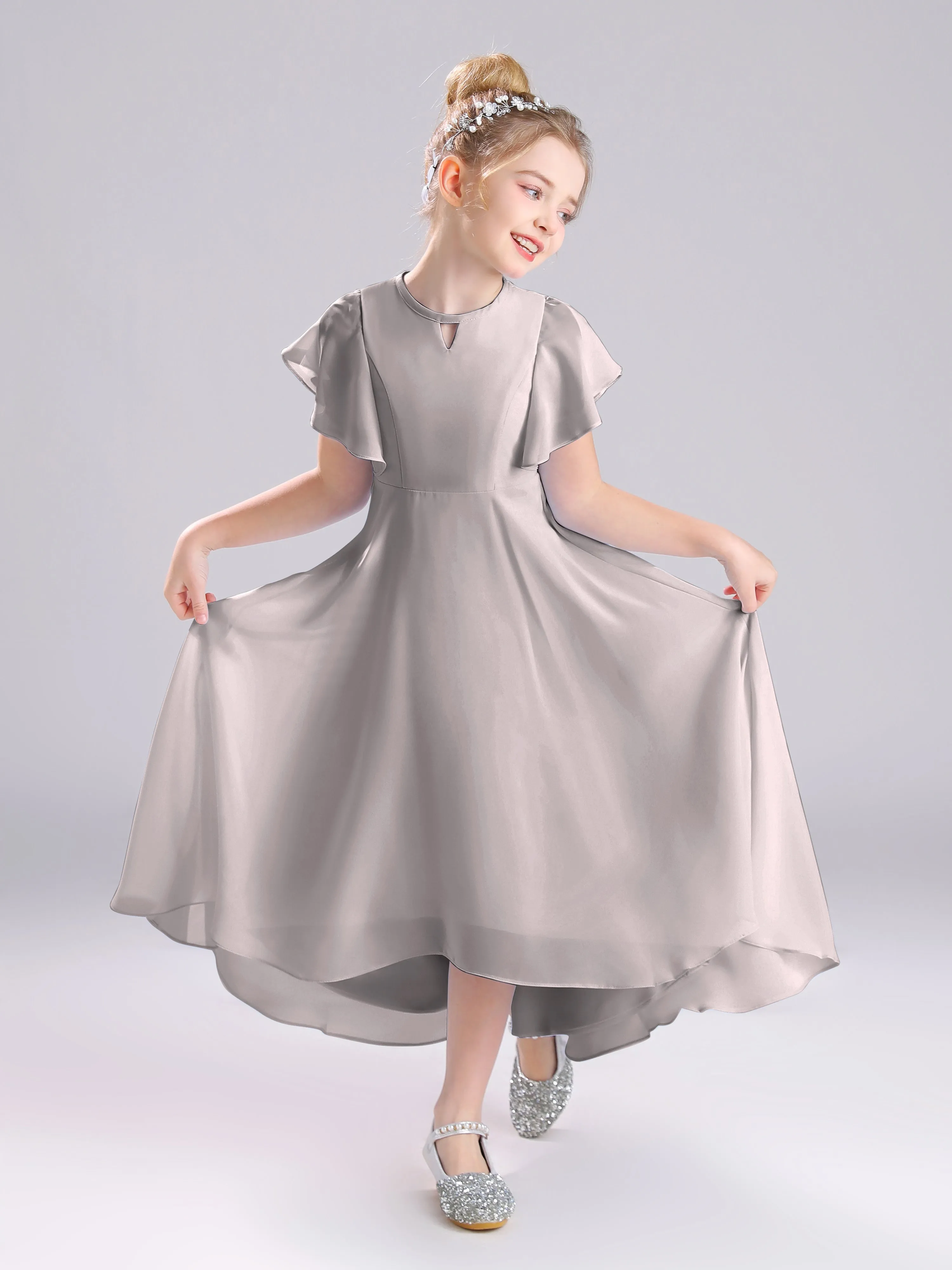 Ruffles Sleeves A-Line Long Chiffon Junior Bridesmaid Dresses